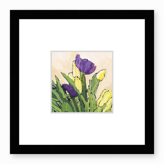 Framed Fine Art Print, Faux Mat - 12x12 inches | Purple & Yellow Tulips in Acrylic, FMS-1060-002, Prints, Fine art, Black Frame, 30 x 30 cm ,12 x 12 inches