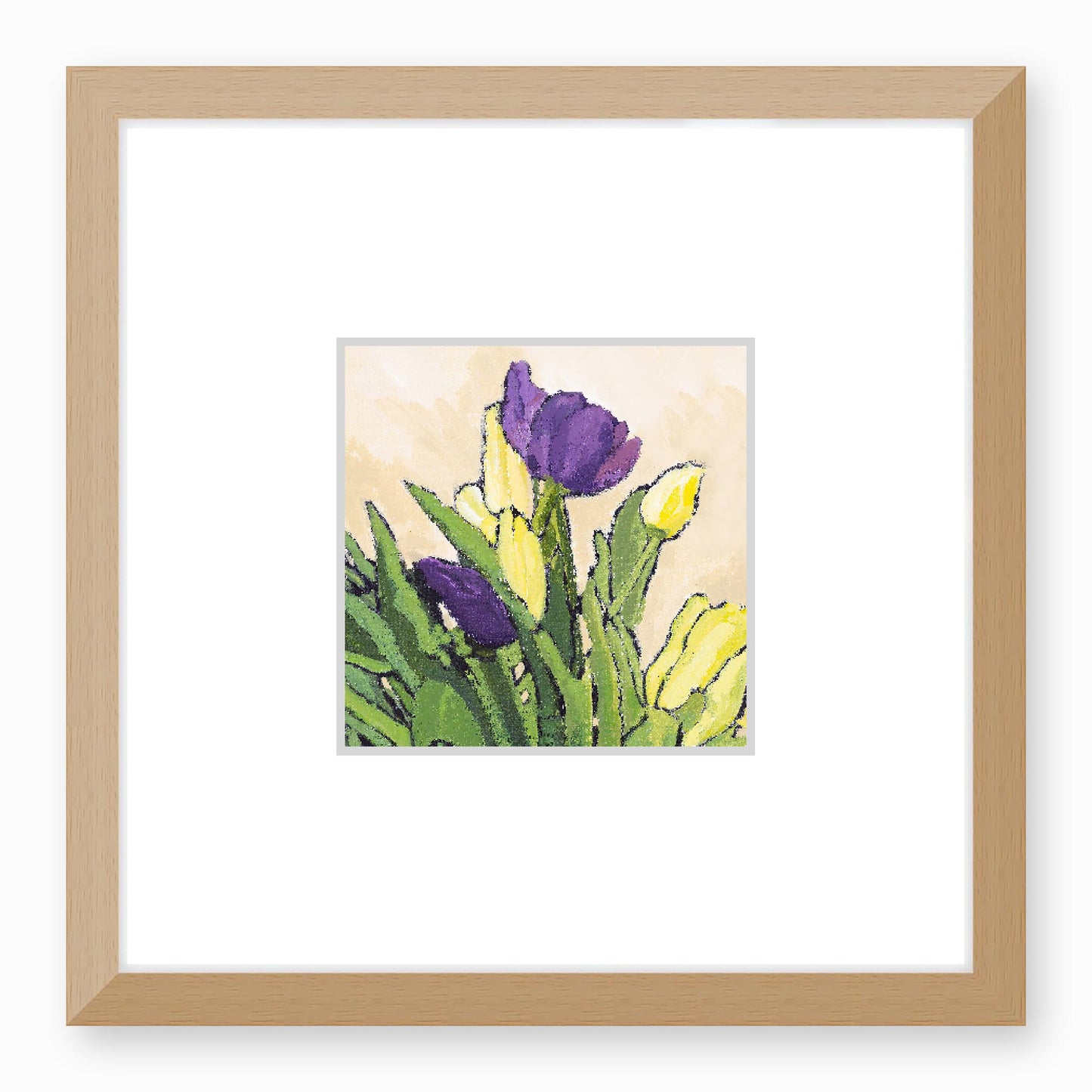Framed Fine Art Print, Faux Mat - 12x12 inches | Purple & Yellow Tulips in Acrylic, FMS-1060-002, Prints, Fine art, Natural Frame, 30 x 30 cm ,12 x 12 inches