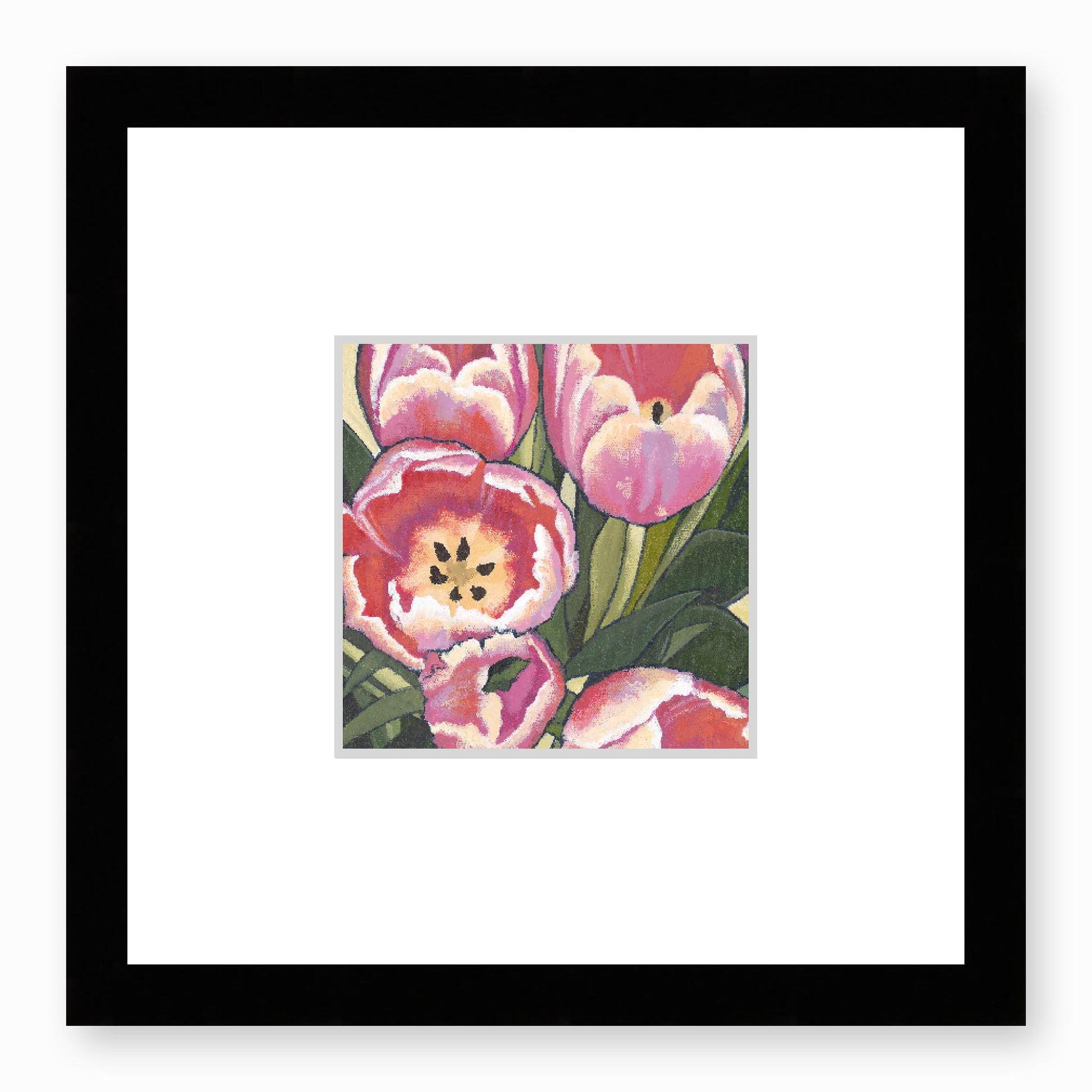 Framed Fine Art Print, Faux Mat - 12x12 inches | Pink Tulips in Acrylic, FMS-1080, Prints, Fine art, Black Frame, 30 x 30 cm ,12 x 12 inches