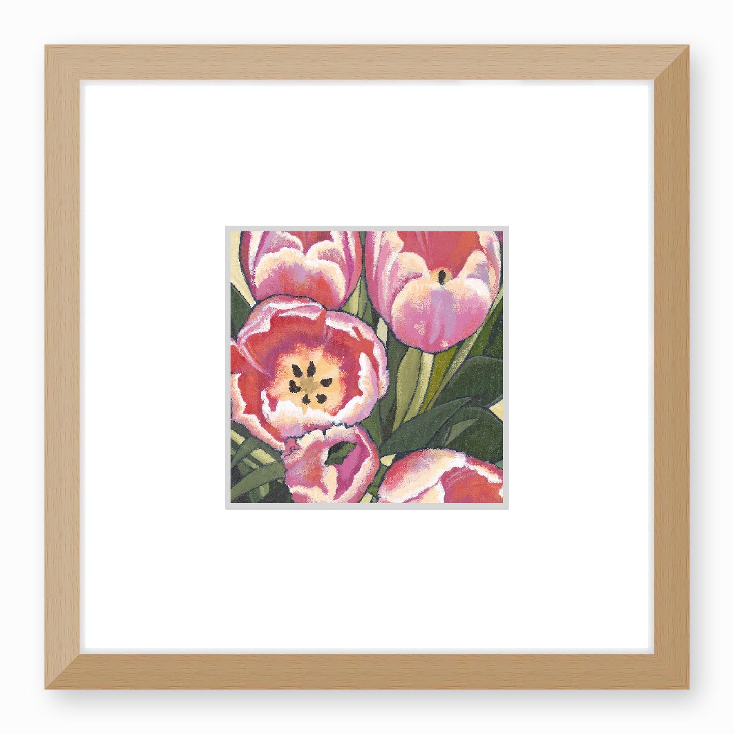 Framed Fine Art Print, Faux Mat - 12x12 inches | Pink Tulips in Acrylic, FMS-1080, Prints, Fine art, Natural Frame, 30 x 30 cm ,12 x 12 inches