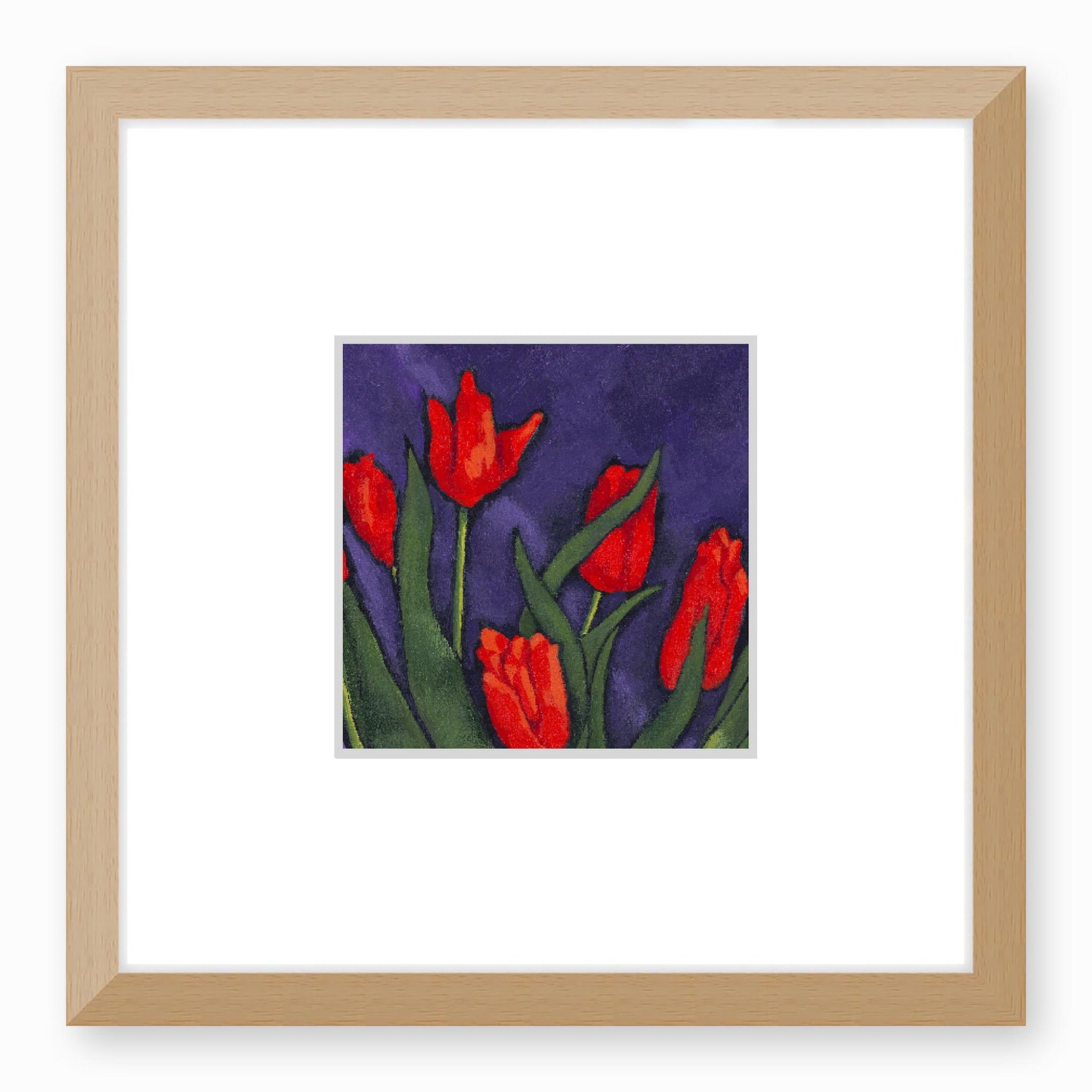 Framed Fine Art Print, Faux Mat - 12x12 inches | Red Tulips in Acrylic, FMS-1111-001, Prints, Fine art, Natural Frame, 30 x 30 cm ,12 x 12 inches