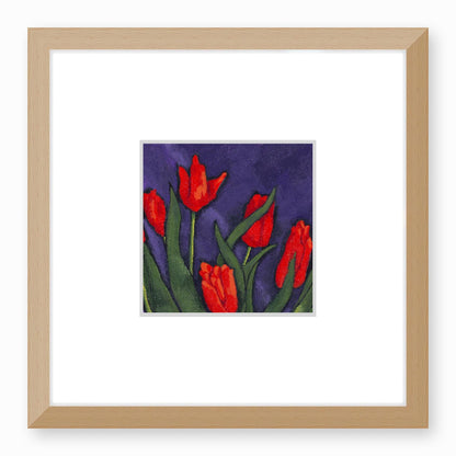Red Tulips Framed Fine Art Print with Faux Mat Board | 30 x 30 cm / 12 x 12 inches | Natural Frame