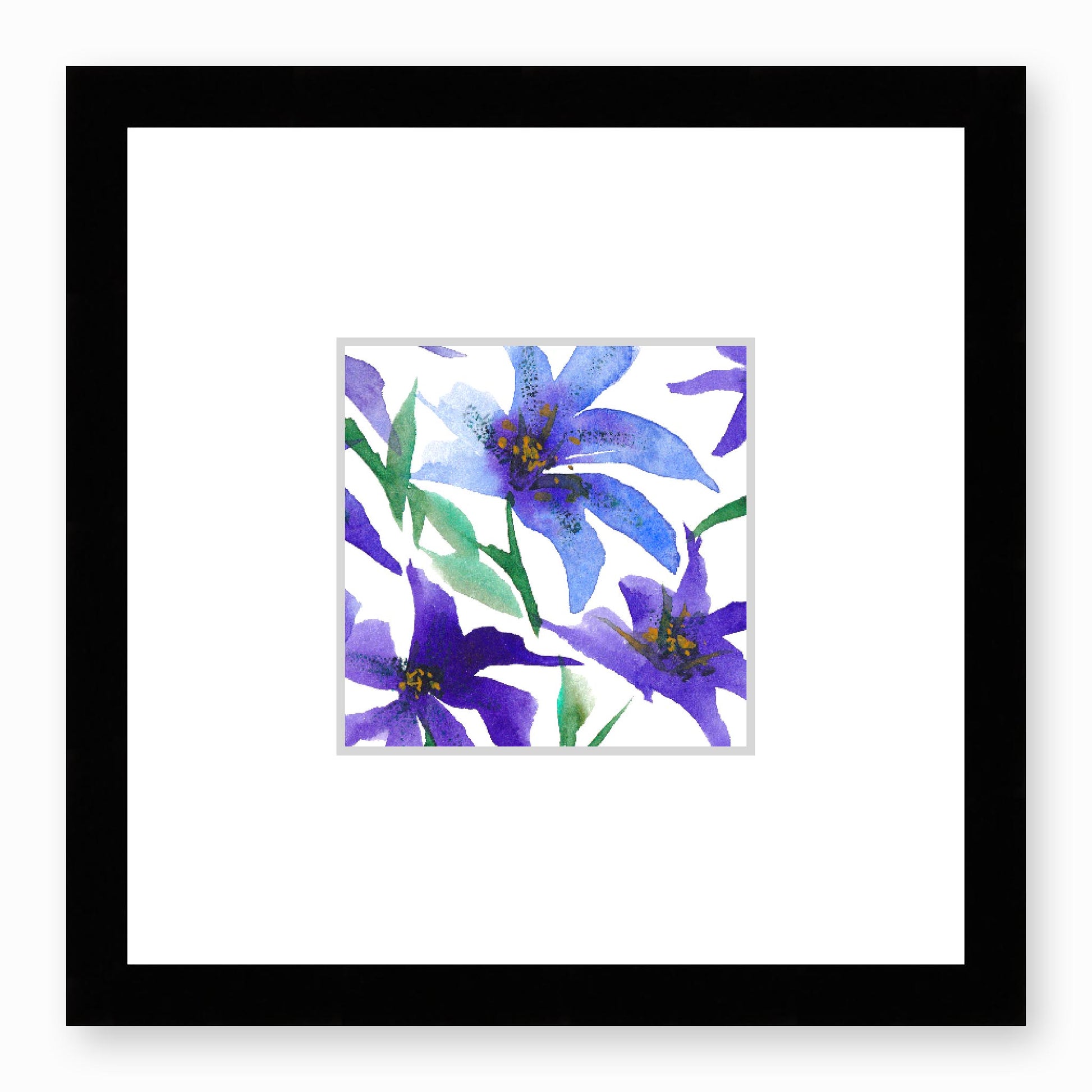 Framed Fine Art Print, Faux Mat - 12x12 inches | Purple Floral Watercolour, fms-1300-001, Prints, Fine art, Black Frame, 30 x 30 cm ,12 x 12 inches