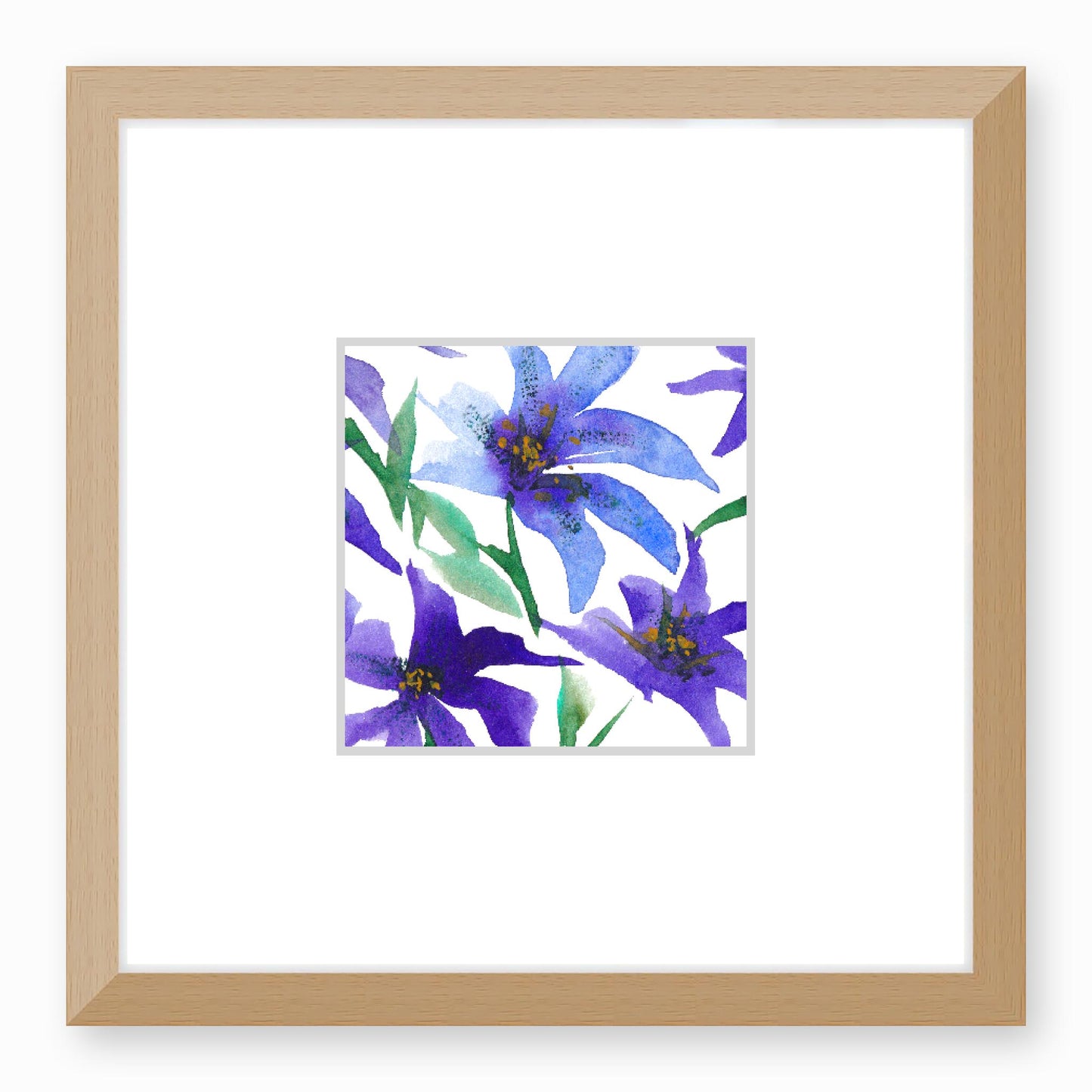 Framed Fine Art Print, Faux Mat - 12x12 inches | Purple Floral Watercolour, fms-1300-001, Prints, Fine art, Natural Frame, 30 x 30 cm ,12 x 12 inches