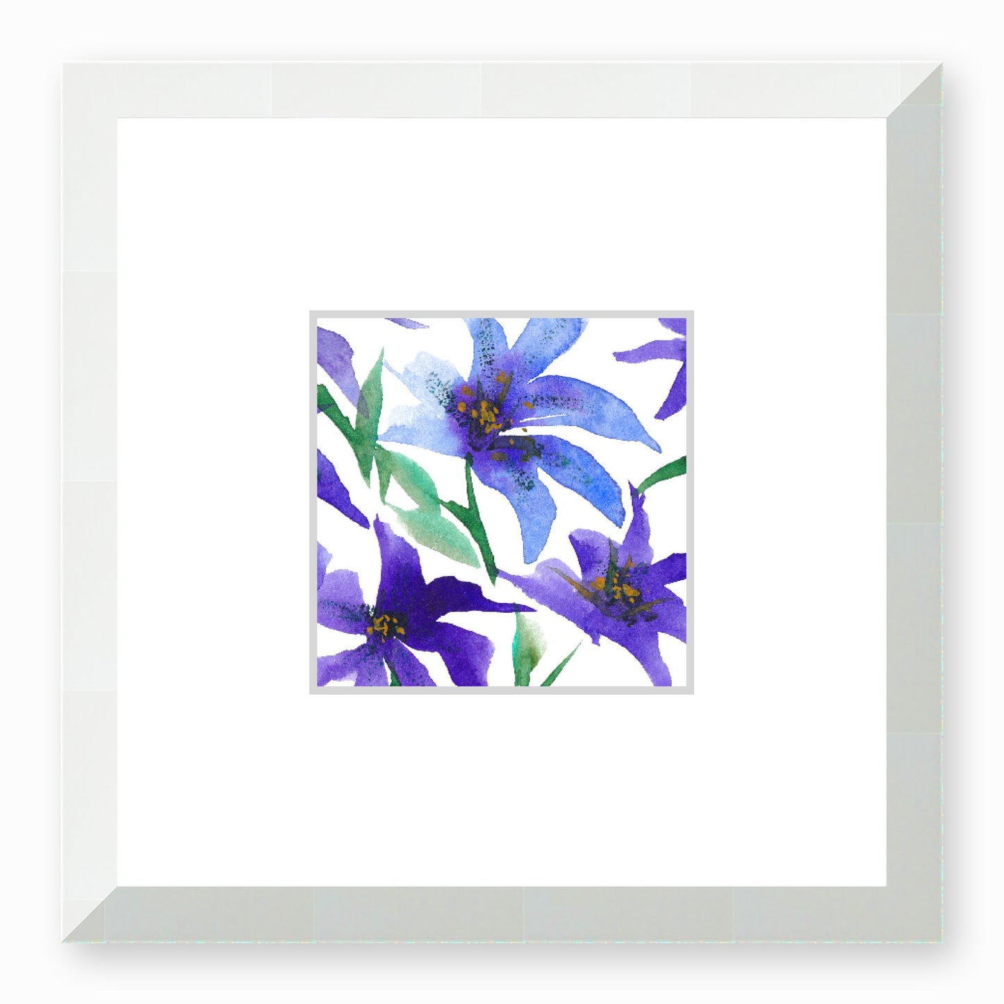 Framed Fine Art Print, Faux Mat - 12x12 inches | Purple Floral Watercolour, fms-1300-001, Prints, Fine art, White Frame, 30 x 30 cm ,12 x 12 inches