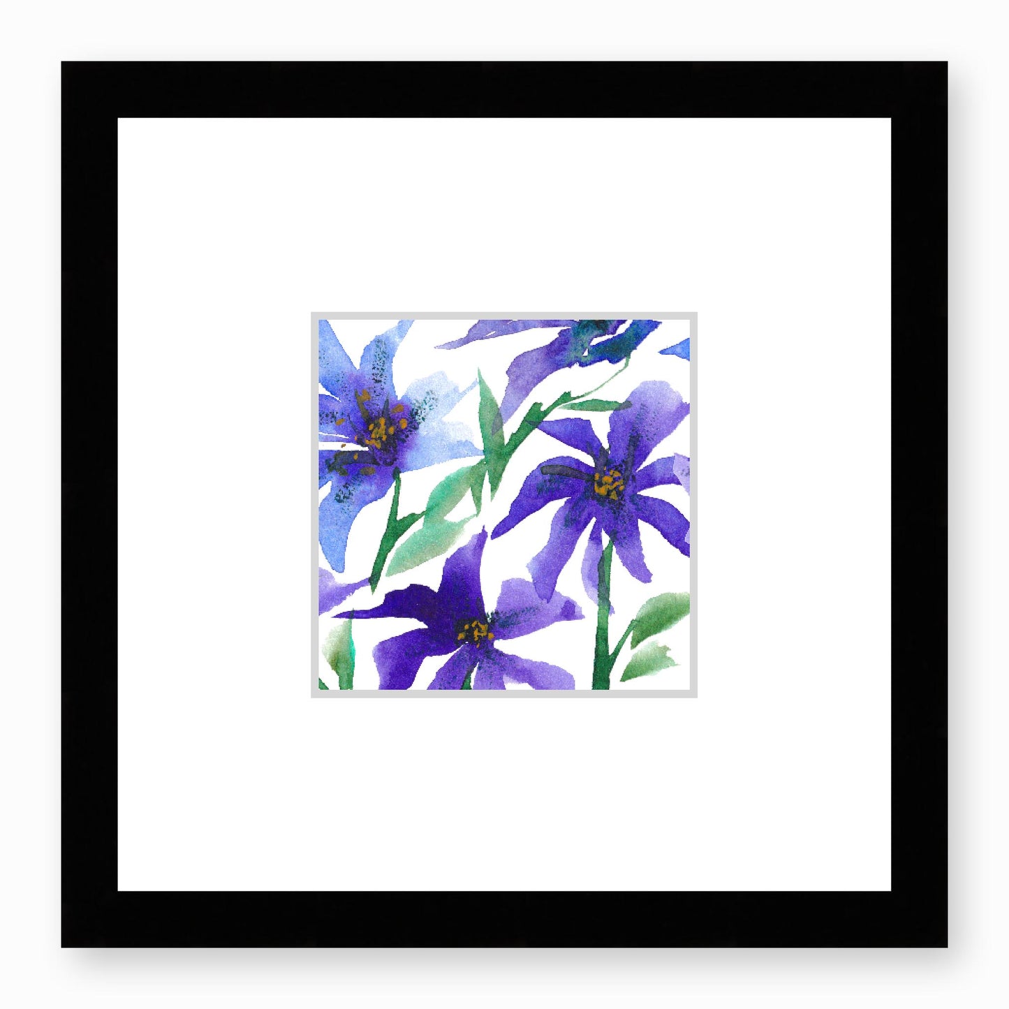 Framed Fine Art Print, Faux Mat - 12x12 inches | Purple Floral Watercolour, fms-1300-002, Prints, Fine art, Black Frame, 30 x 30 cm ,12 x 12 inches