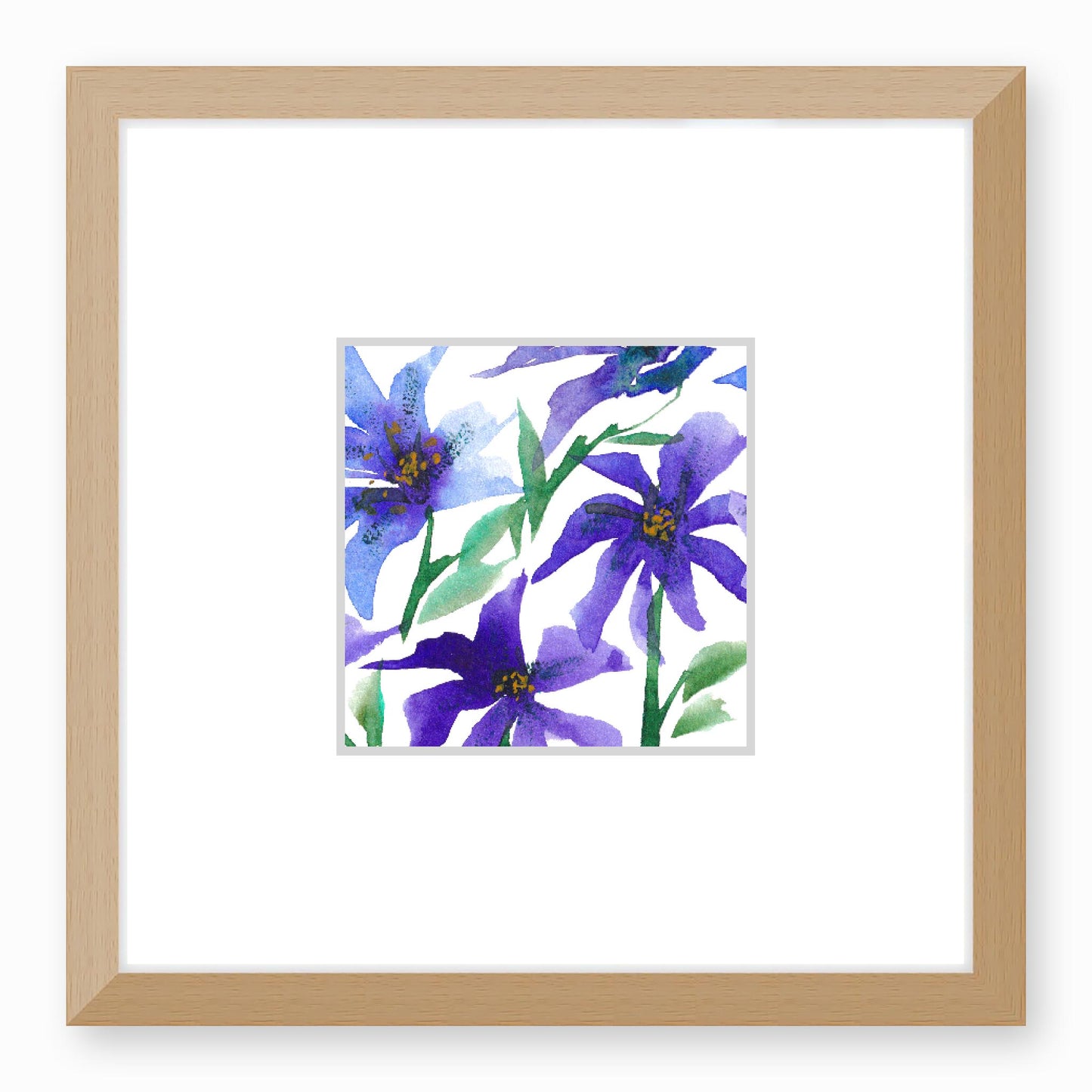 Framed Fine Art Print, Faux Mat - 12x12 inches | Purple Floral Watercolour, fms-1300-002, Prints, Fine art, Natural Frame, 30 x 30 cm ,12 x 12 inches