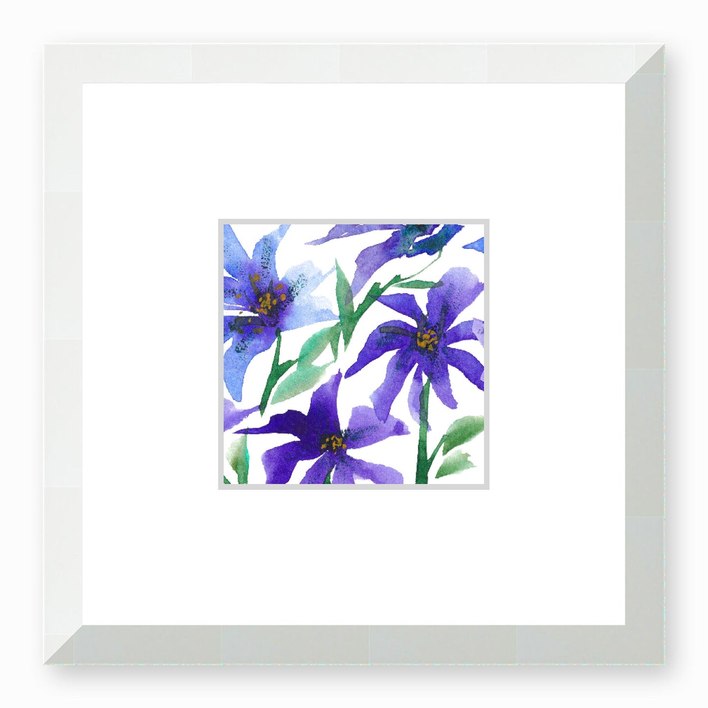 Framed Fine Art Print, Faux Mat - 12x12 inches | Purple Floral Watercolour, fms-1300-002, Prints, Fine art, White Frame, 30 x 30 cm ,12 x 12 inches