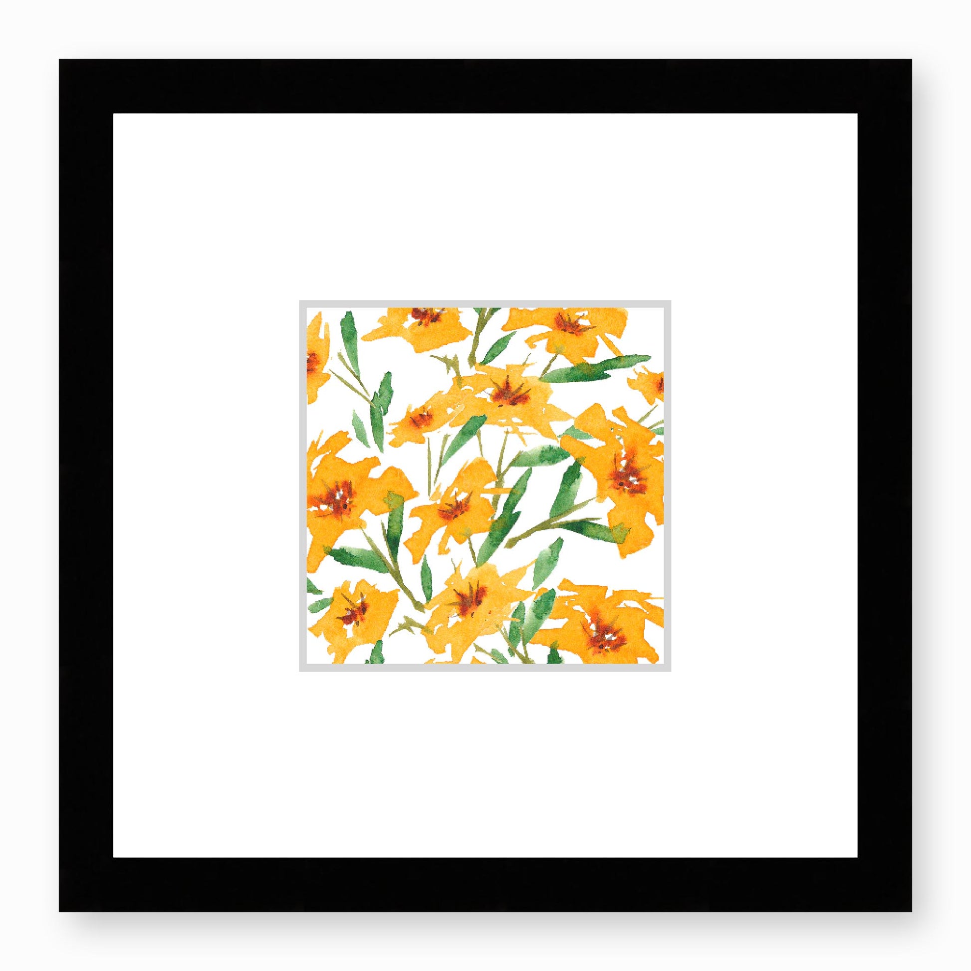 Framed Fine Art Print, Faux Mat - 12x12 inches | Yellow-Orange Floral Watercolour, fms-1310-001, Prints, Fine art, Black Frame, 30 x 30 cm ,12 x 12 inches