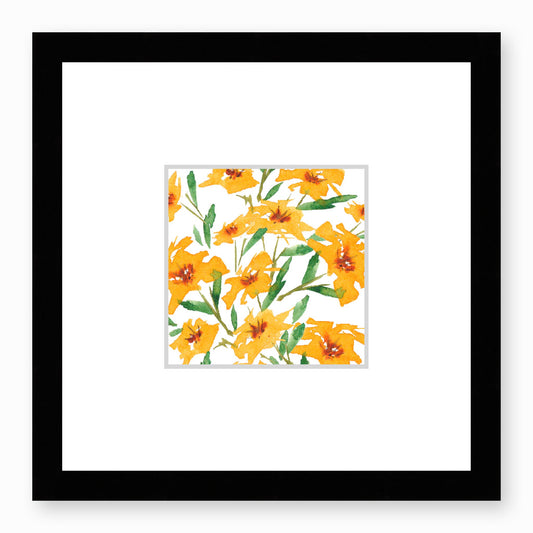 Framed Fine Art Print, Faux Mat - 12x12 inches | Yellow-Orange Floral Watercolour, fms-1310-001, Prints, Fine art, Black Frame, 30 x 30 cm ,12 x 12 inches