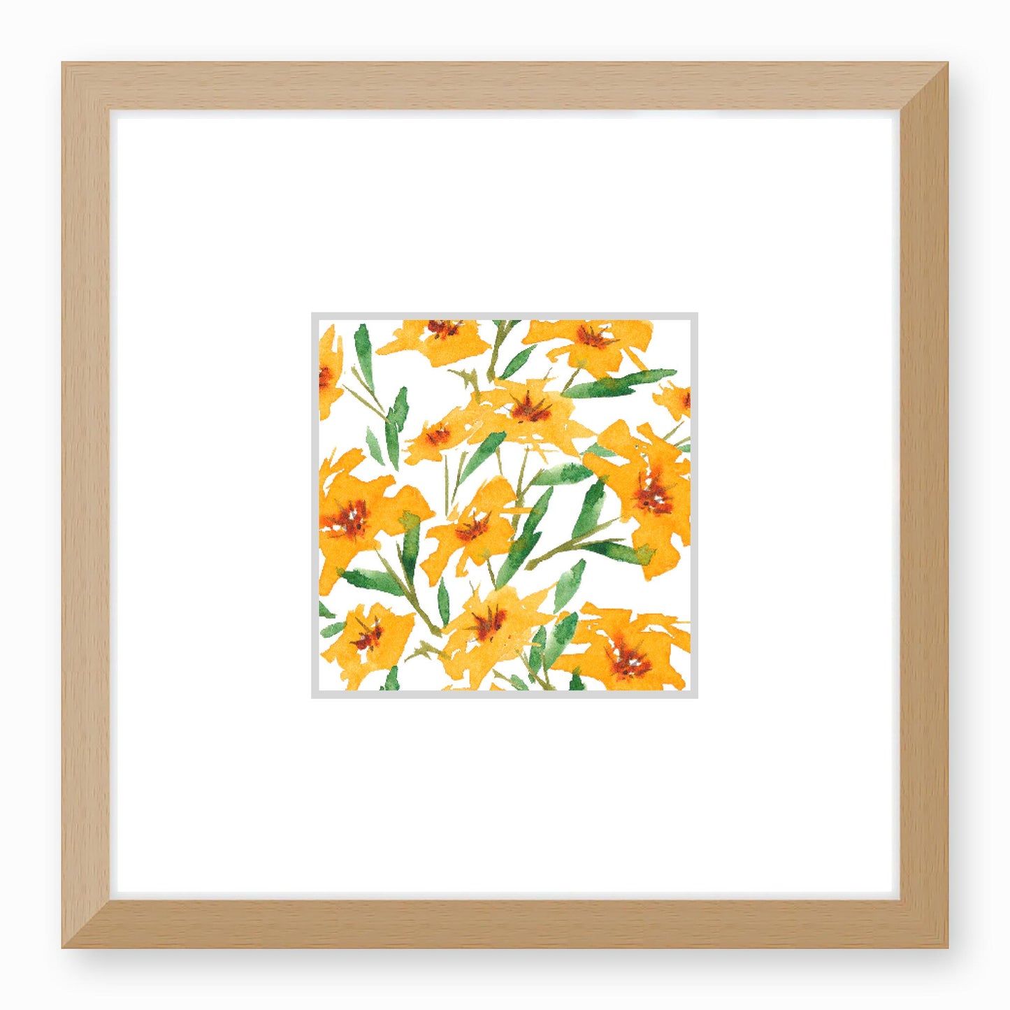 Framed Fine Art Print, Faux Mat - 12x12 inches | Yellow-Orange Floral Watercolour, fms-1310-001, Prints, Fine art, Natural Frame, 30 x 30 cm ,12 x 12 inches