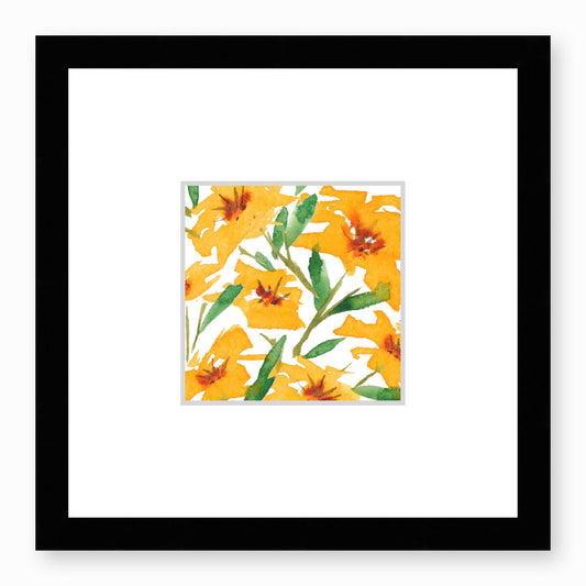 Framed Fine Art Print, Faux Mat - 12x12 inches | Yellow-Orange Floral Watercolour, fms-1310-002, Prints, Fine art, Black Frame, 30 x 30 cm ,12 x 12 inches