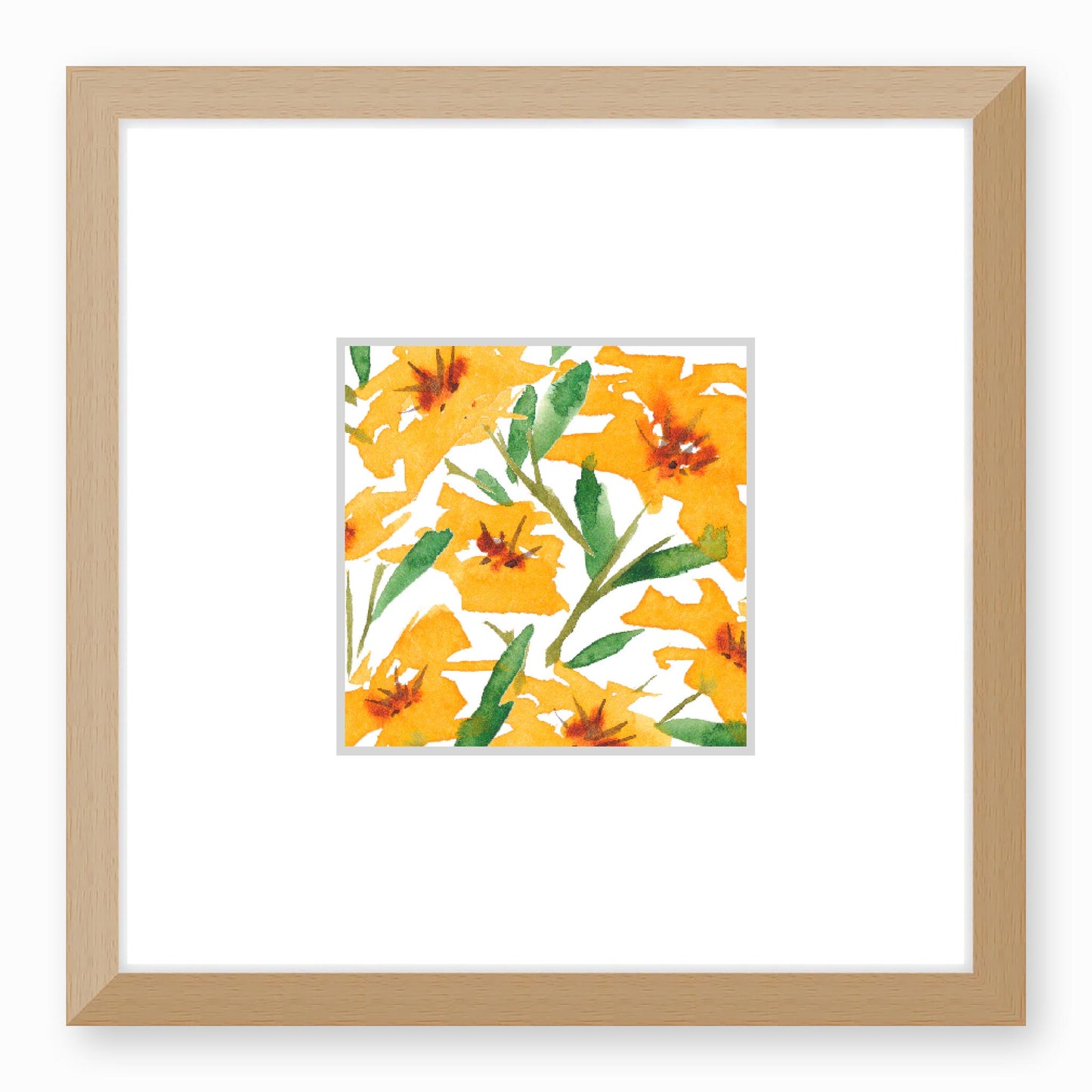 Framed Fine Art Print, Faux Mat - 12x12 inches | Yellow-Orange Floral Watercolour, fms-1310-002, Prints, Fine art, Natural Frame, 30 x 30 cm ,12 x 12 inches