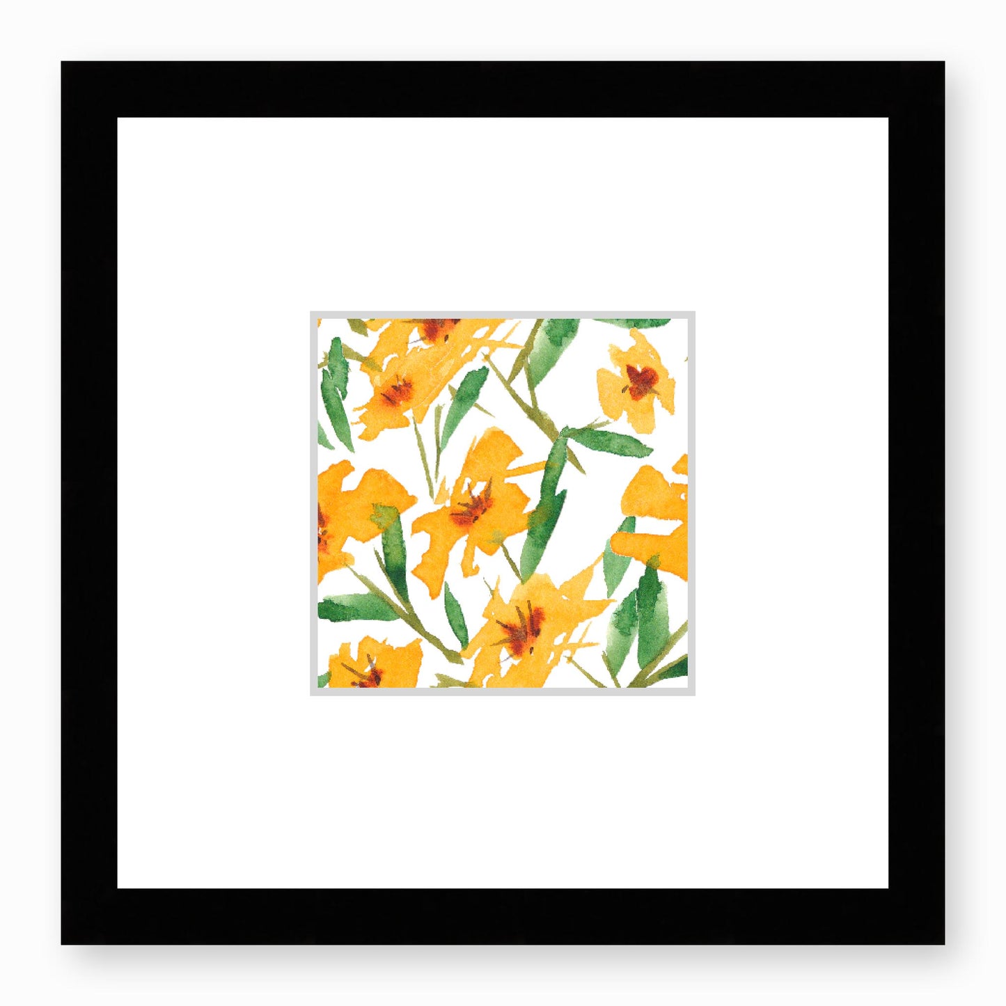 Framed Fine Art Print, Faux Mat - 12x12 inches | Yellow-Orange Floral Watercolour, fms-1310-003, Prints, Fine art, Black Frame, 30 x 30 cm ,12 x 12 inches