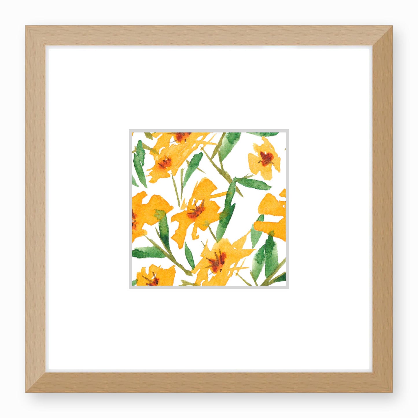 Framed Fine Art Print, Faux Mat - 12x12 inches | Yellow-Orange Floral Watercolour, fms-1310-003, Prints, Fine art, Natural Frame, 30 x 30 cm ,12 x 12 inches