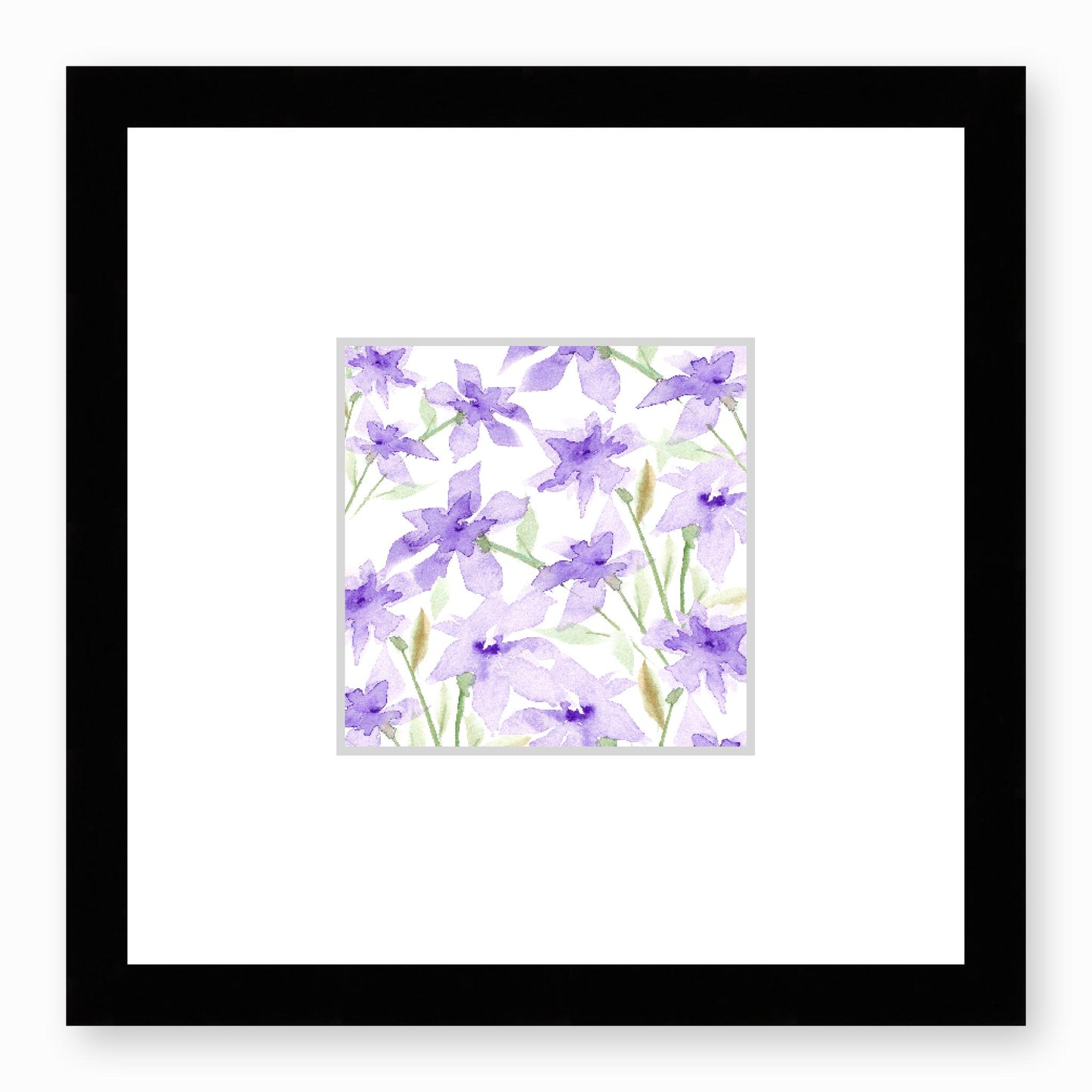 Framed Fine Art Print, Faux Mat - 12x12 inches | Purple Floral Watercolour, fms-1320-001, Prints, Fine art, Black Frame, 30 x 30 cm ,12 x 12 inches