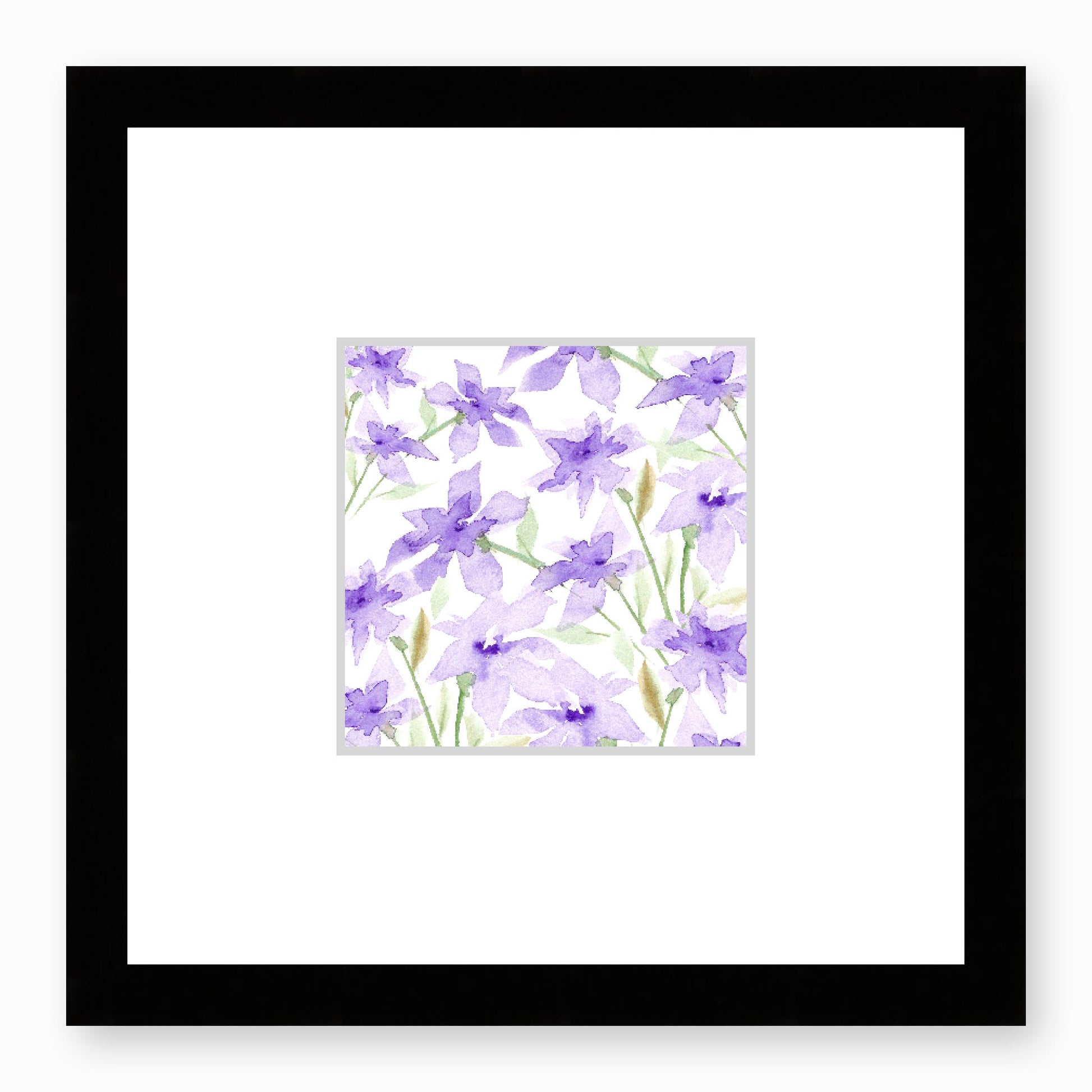 Framed Fine Art Print, Faux Mat - 12x12 inches | Purple Floral Watercolour, fms-1320-001, Prints, Fine art, Black Frame, 30 x 30 cm ,12 x 12 inches