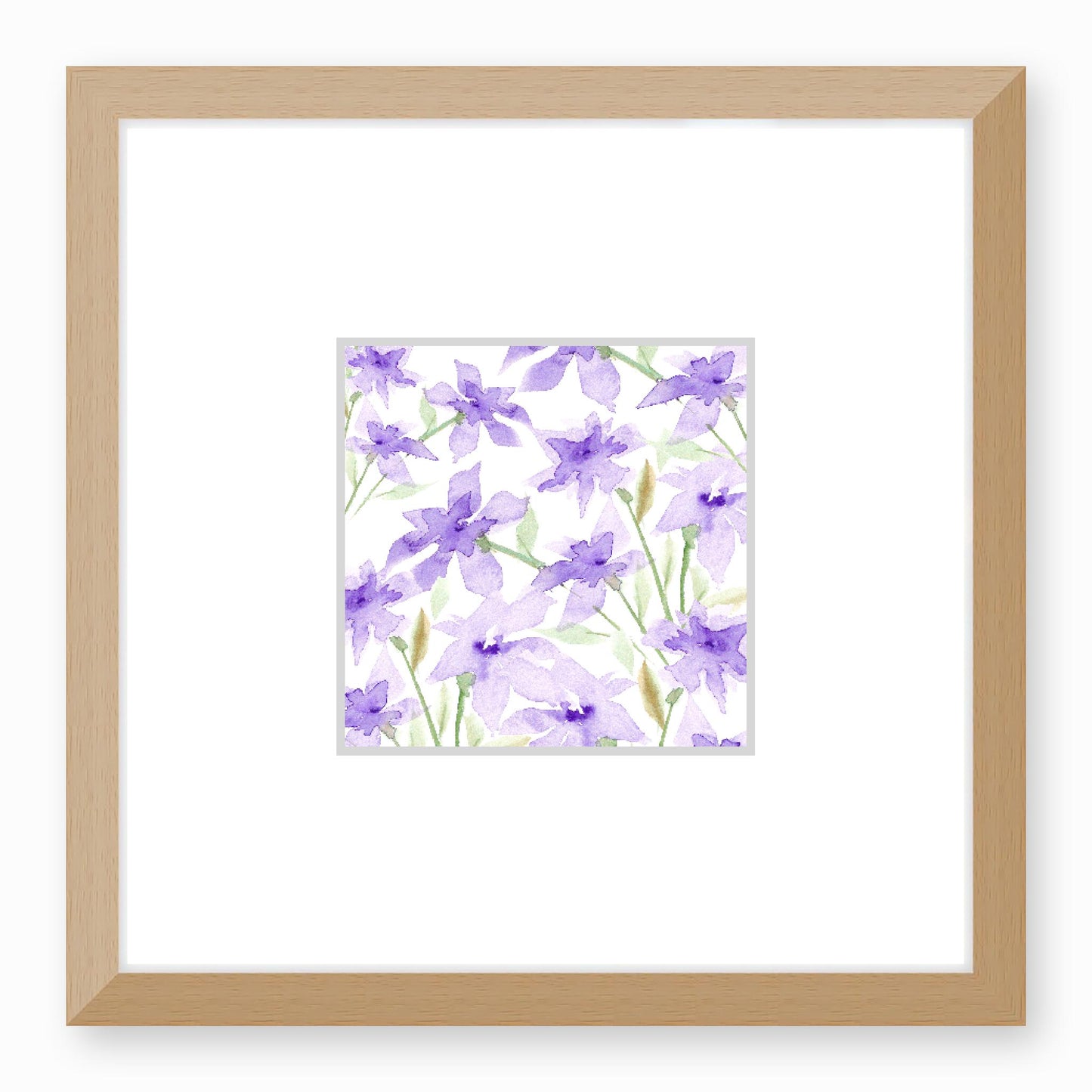 Framed Fine Art Print, Faux Mat - 12x12 inches | Purple Floral Watercolour, fms-1320-001, Prints, Fine art, Natural Frame, 30 x 30 cm ,12 x 12 inches