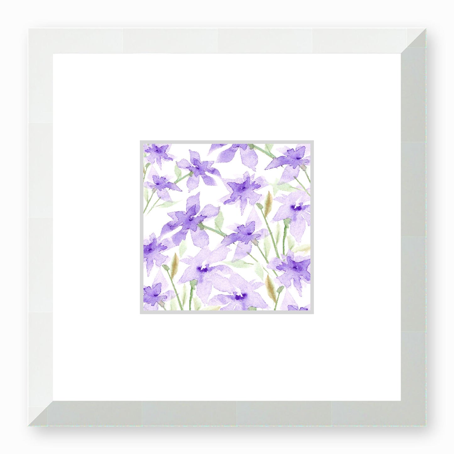 Framed Fine Art Print, Faux Mat - 12x12 inches | Purple Floral Watercolour, fms-1320-001, Prints, Fine art, White Frame, 30 x 30 cm ,12 x 12 inches