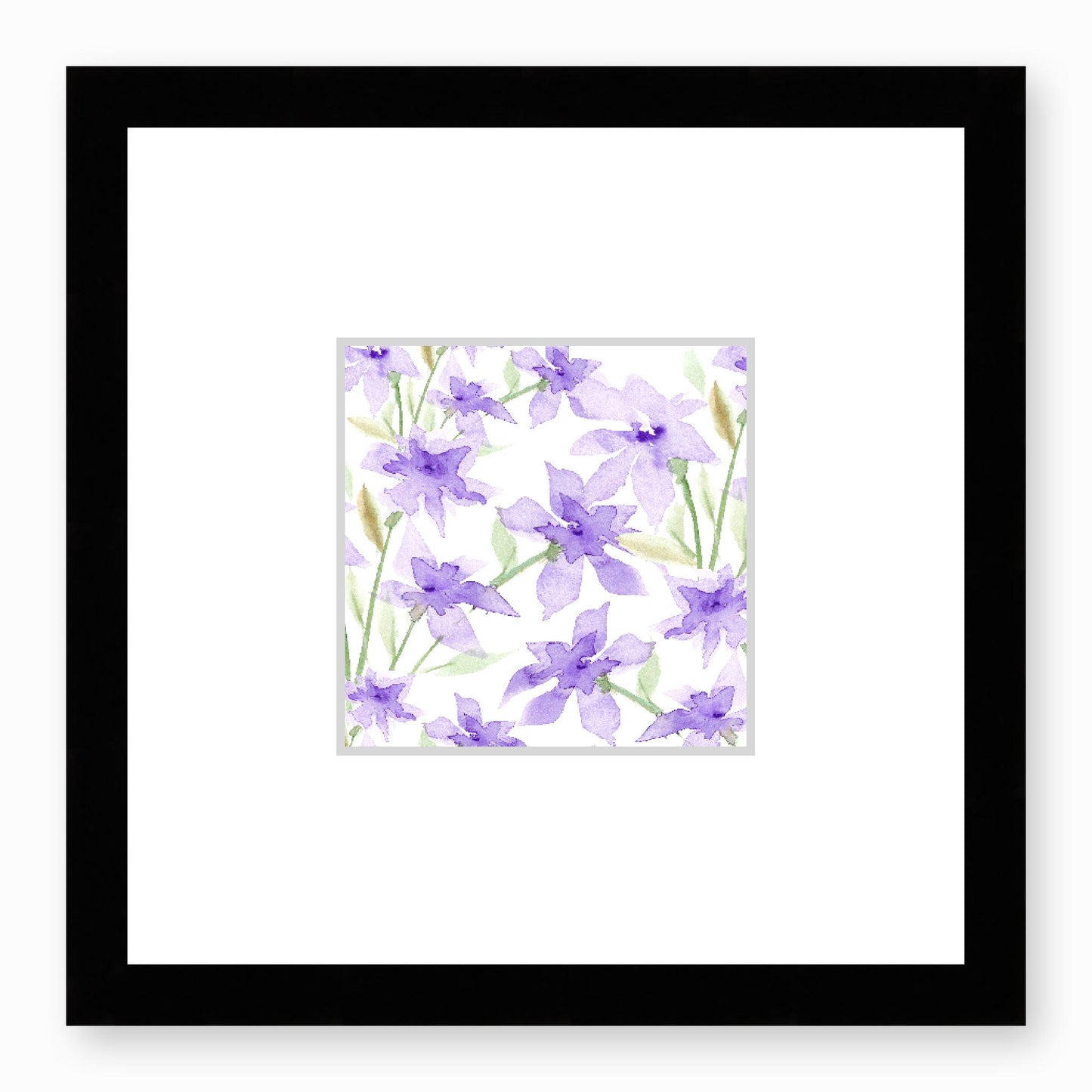 Framed Fine Art Print, Faux Mat - 12x12 inches | Purple Floral Watercolour, fms-1320-002, Prints, Fine art, Black Frame, 30 x 30 cm ,12 x 12 inches