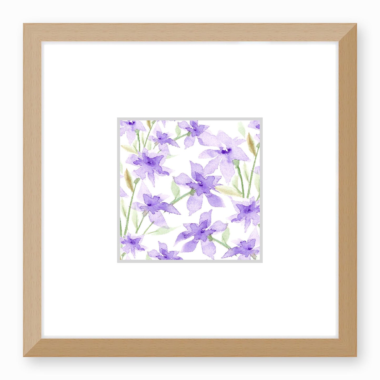 Framed Fine Art Print, Faux Mat - 12x12 inches | Purple Floral Watercolour, fms-1320-002, Prints, Fine art, Natural Frame, 30 x 30 cm ,12 x 12 inches