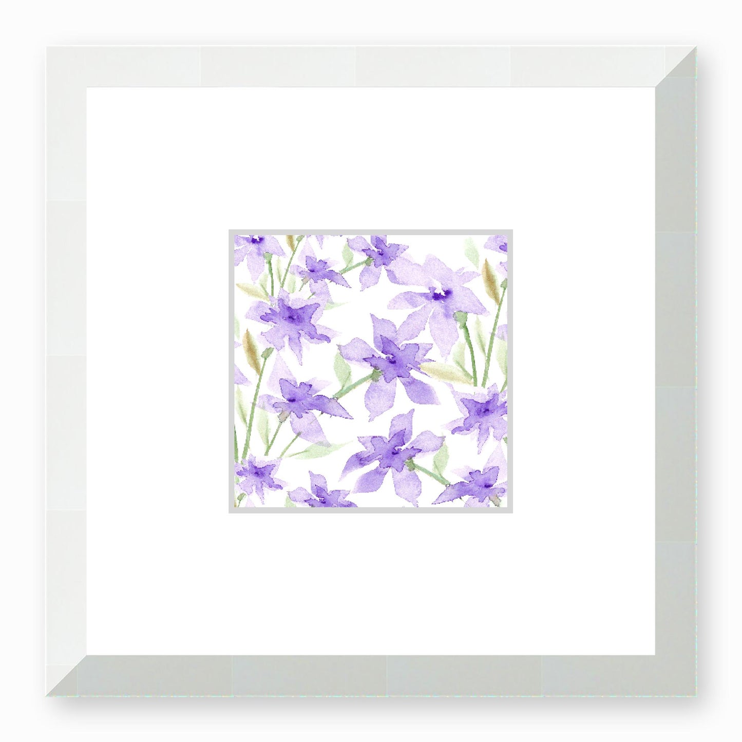 Framed Fine Art Print, Faux Mat - 12x12 inches | Purple Floral Watercolour, fms-1320-002, Prints, Fine art, White Frame, 30 x 30 cm ,12 x 12 inches