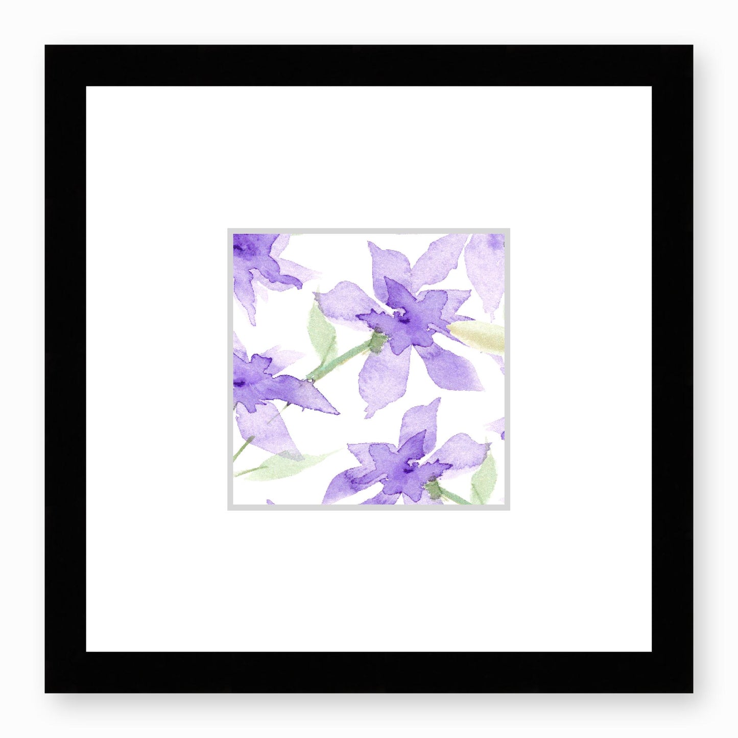 Framed Fine Art Print, Faux Mat - 12x12 inches | Purple Floral Watercolour, fms-1320-003, Prints, Fine art, Black Frame, 30 x 30 cm ,12 x 12 inches