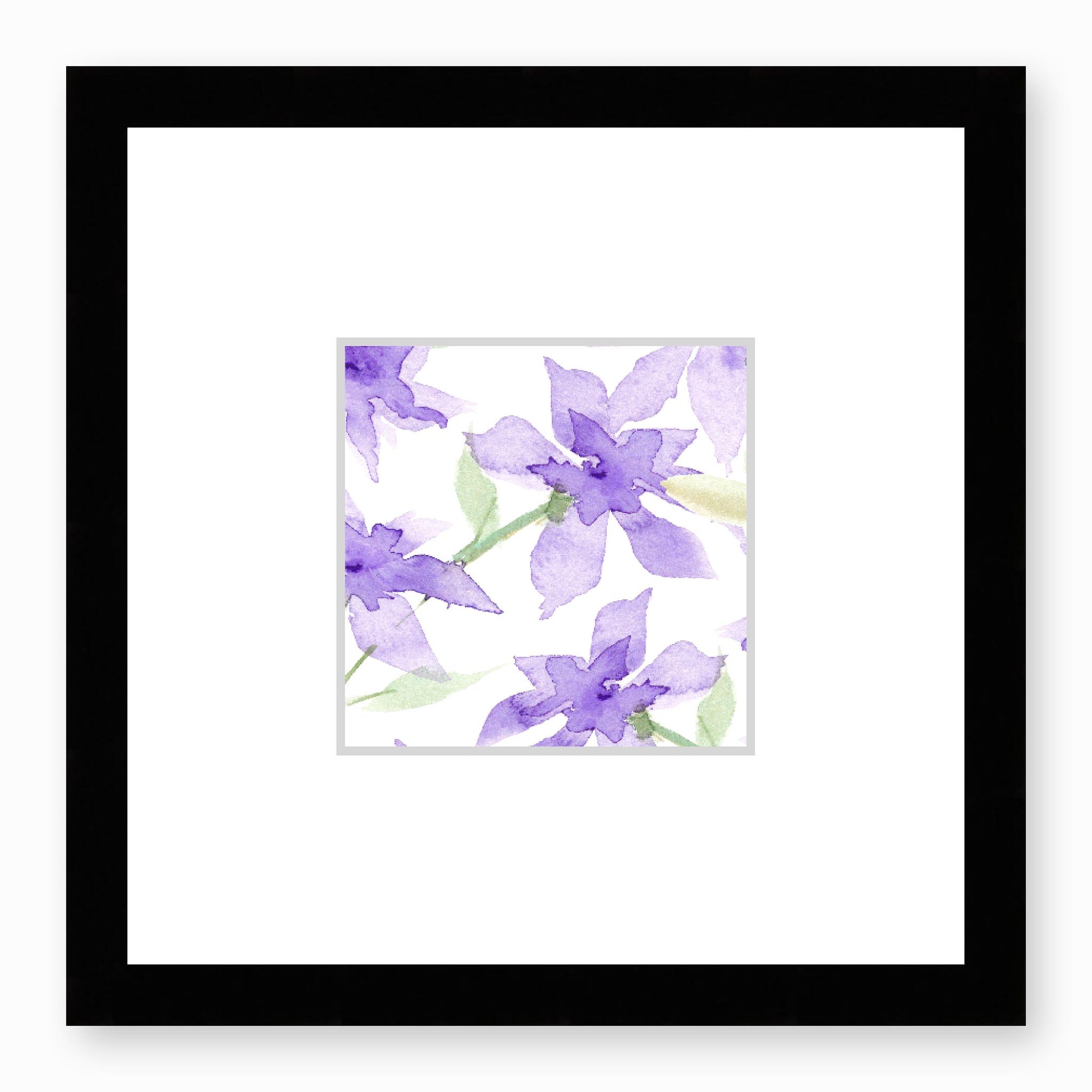 Framed Fine Art Print, Faux Mat - 12x12 inches | Purple Floral Watercolour, fms-1320-003, Prints, Fine art, Black Frame, 30 x 30 cm ,12 x 12 inches