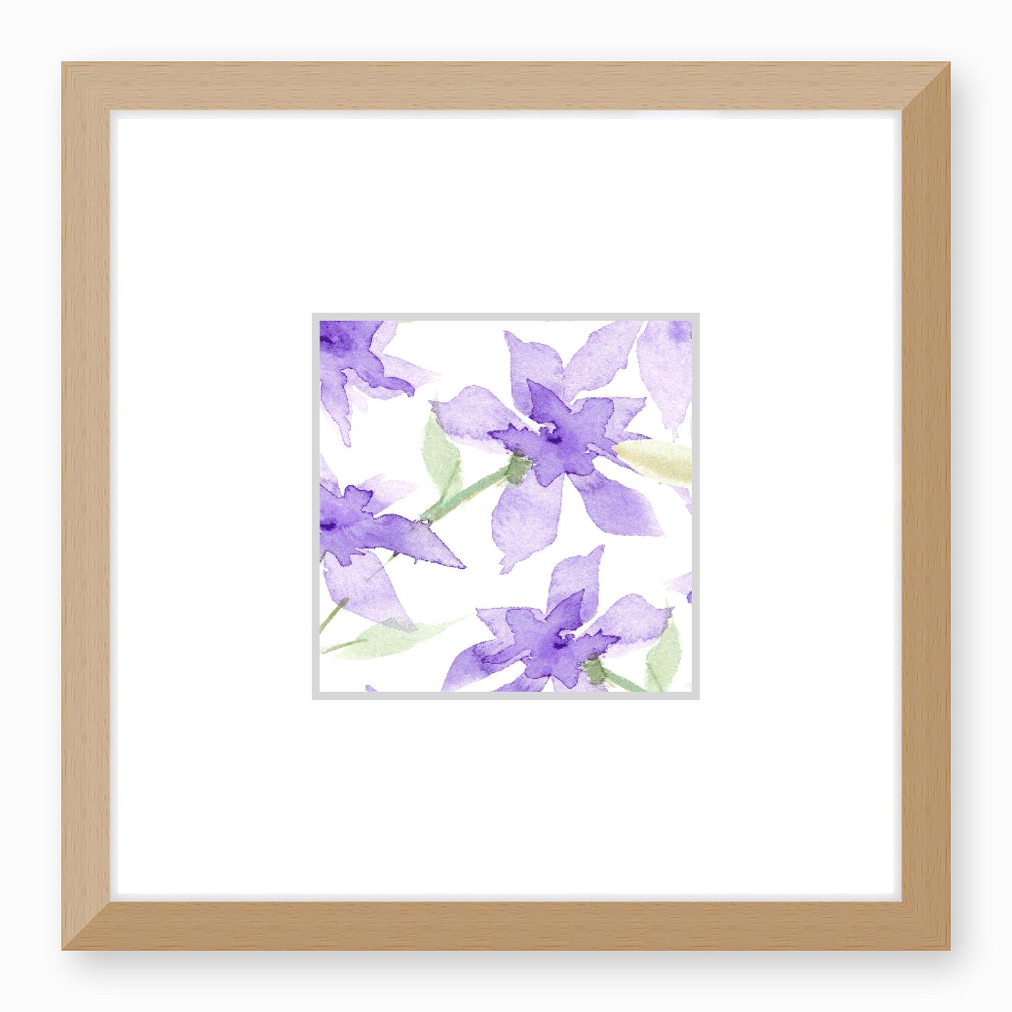 Framed Fine Art Print, Faux Mat - 12x12 inches | Purple Floral Watercolour, fms-1320-003, Prints, Fine art, Natural Frame, 30 x 30 cm ,12 x 12 inches