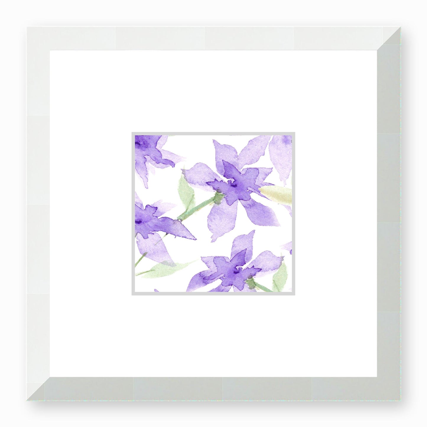 Framed Fine Art Print, Faux Mat - 12x12 inches | Purple Floral Watercolour, fms-1320-003, Prints, Fine art, White Frame, 30 x 30 cm ,12 x 12 inches