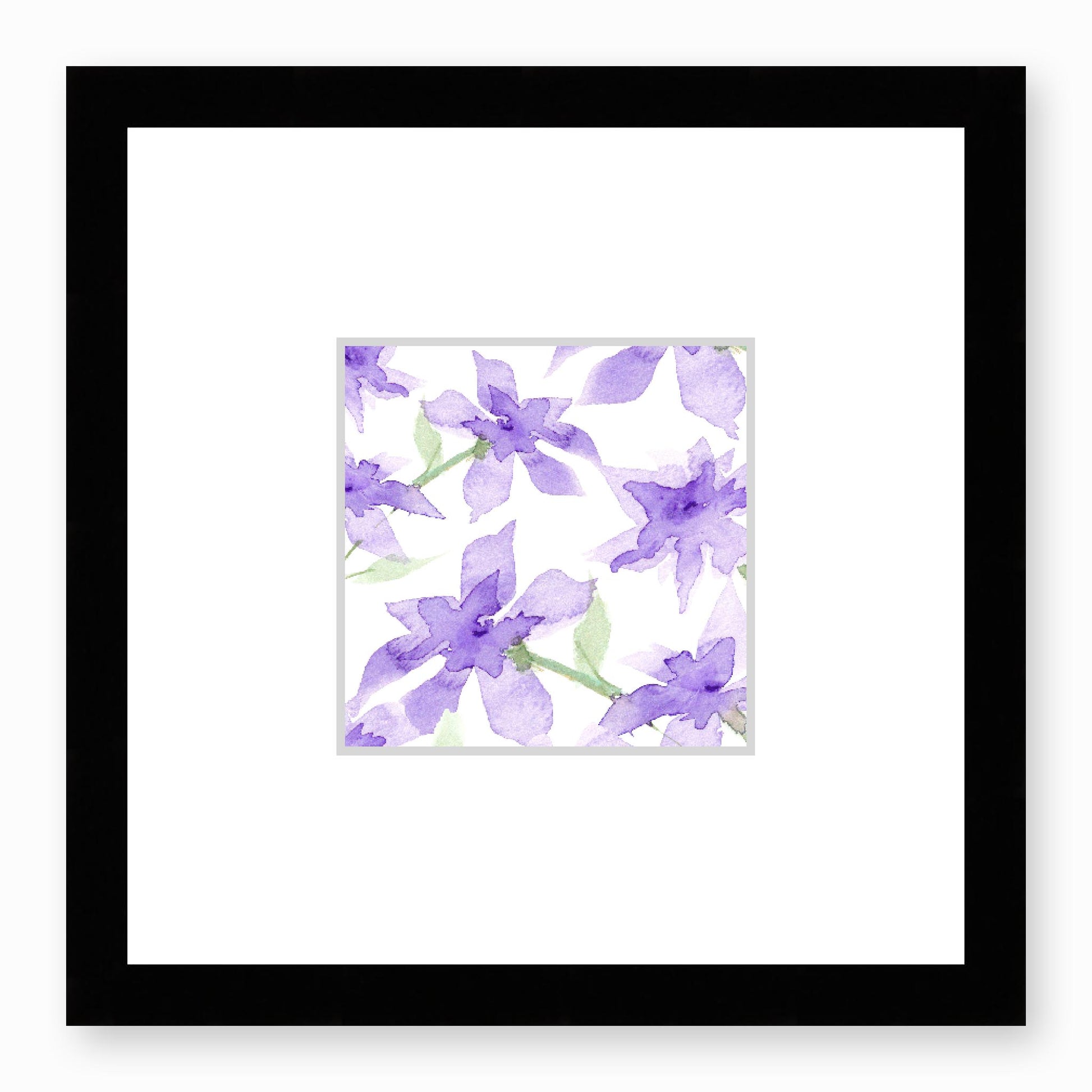 Framed Fine Art Print, Faux Mat - 12x12 inches | Purple Floral Watercolour, fms-1320-004, Prints, Fine art, Black Frame, 30 x 30 cm ,12 x 12 inches