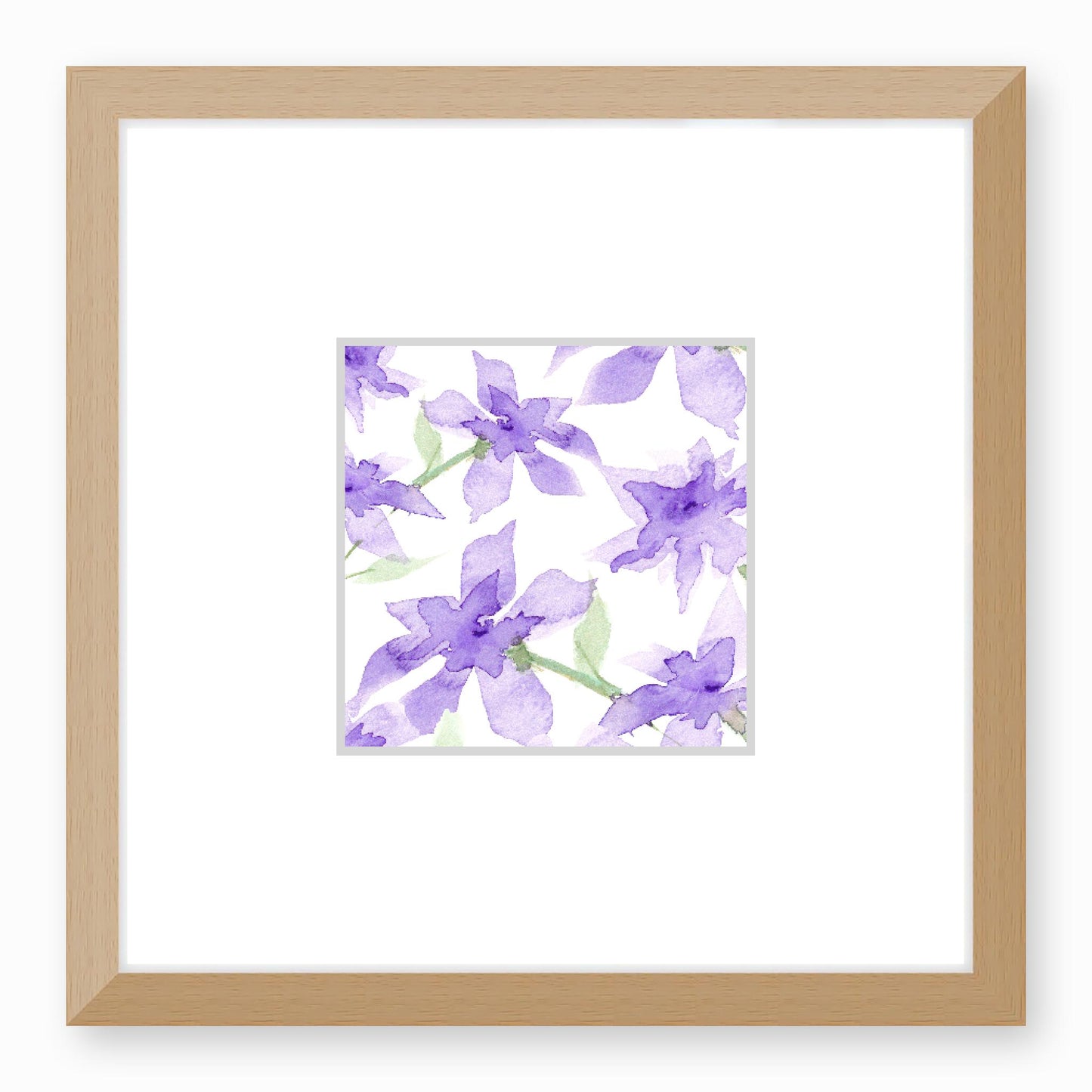 Framed Fine Art Print, Faux Mat - 12x12 inches | Purple Floral Watercolour, fms-1320-004, Prints, Fine art, Natural Frame, 30 x 30 cm ,12 x 12 inches