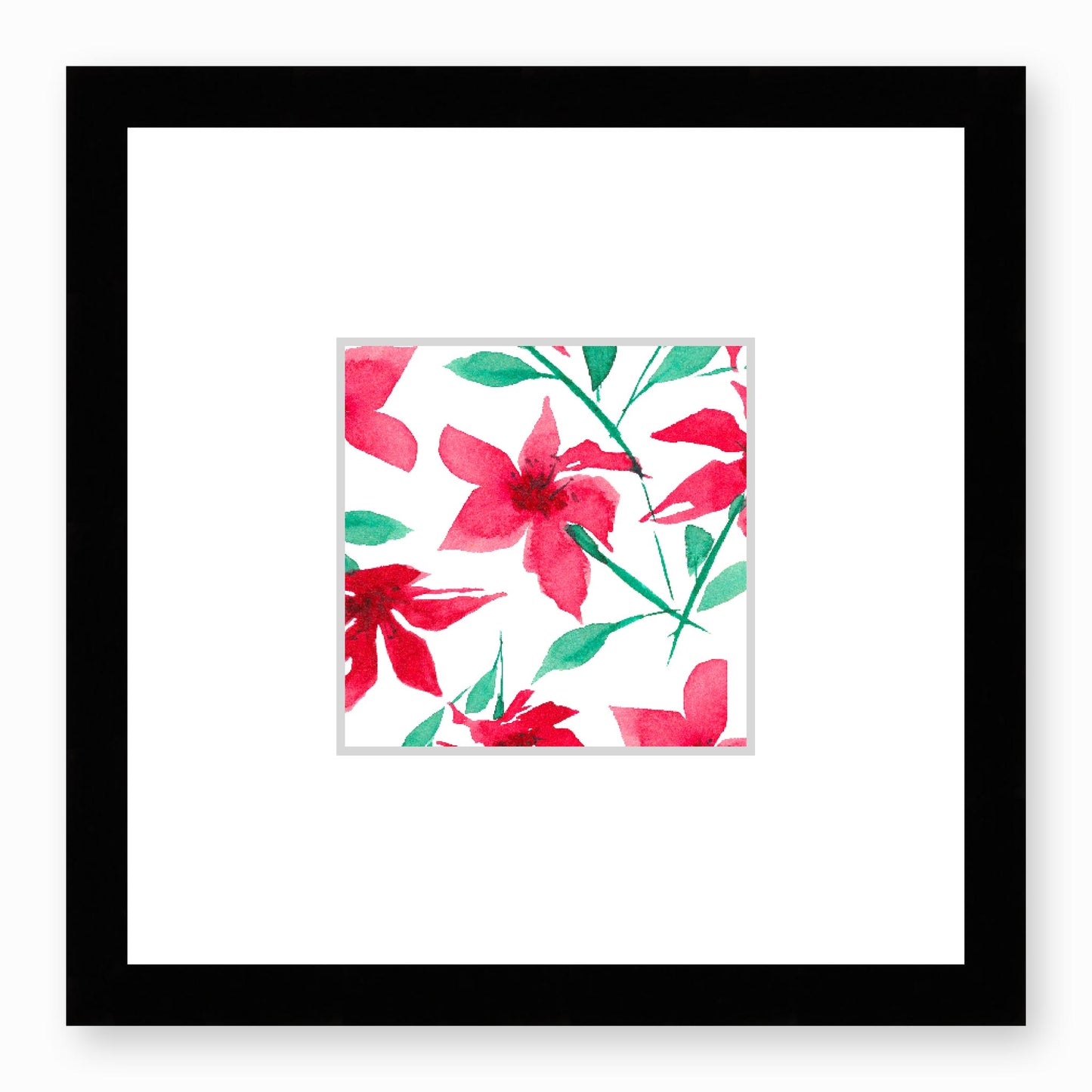 Framed Fine Art Print, Faux Mat - 12x12 inches | Red Floral Watercolour, fms-1330-001, Prints, Fine art, Black Frame, 30 x 30 cm ,12 x 12 inches