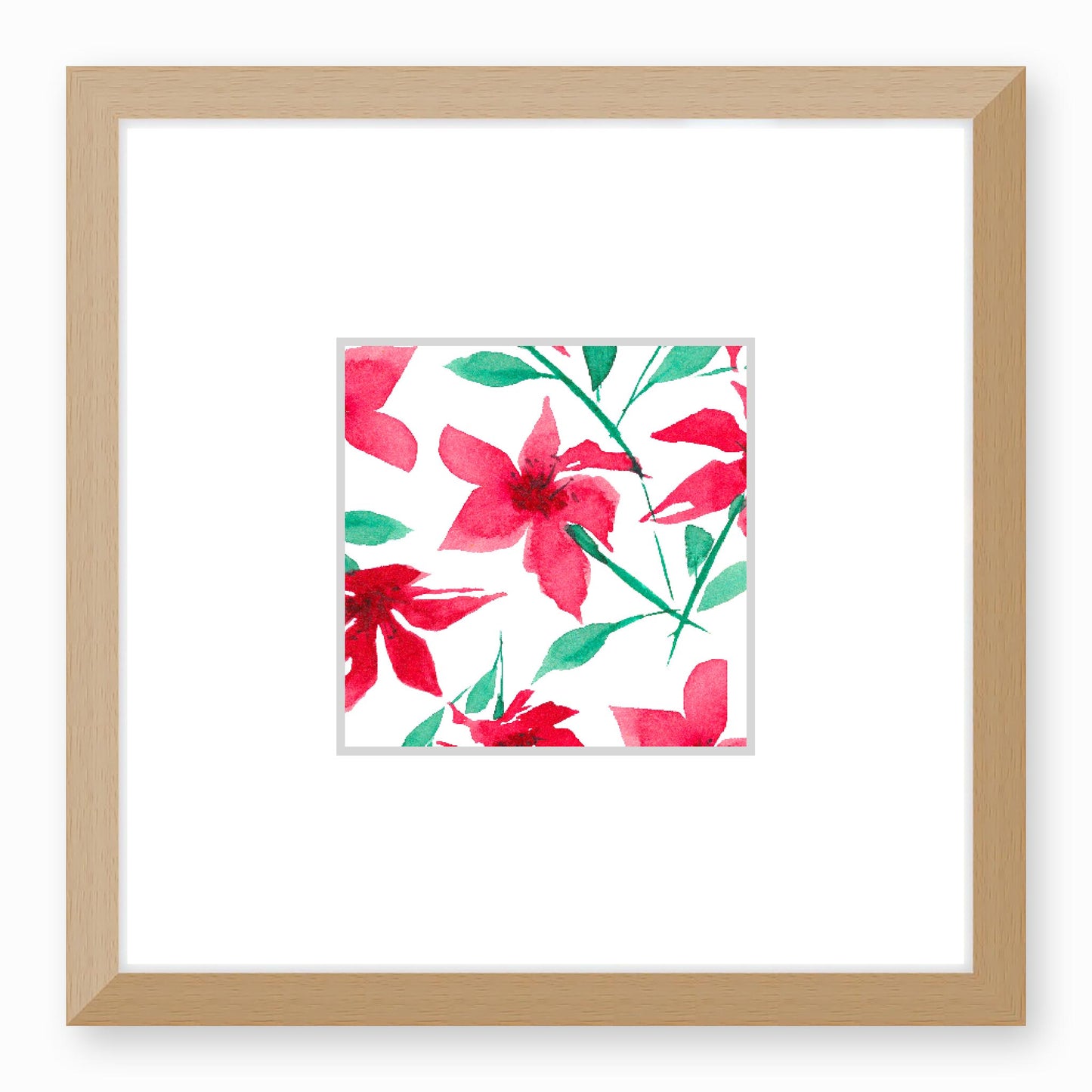 Framed Fine Art Print, Faux Mat - 12x12 inches | Red Floral Watercolour, fms-1330-001, Prints, Fine art, Natural Frame, 30 x 30 cm ,12 x 12 inches