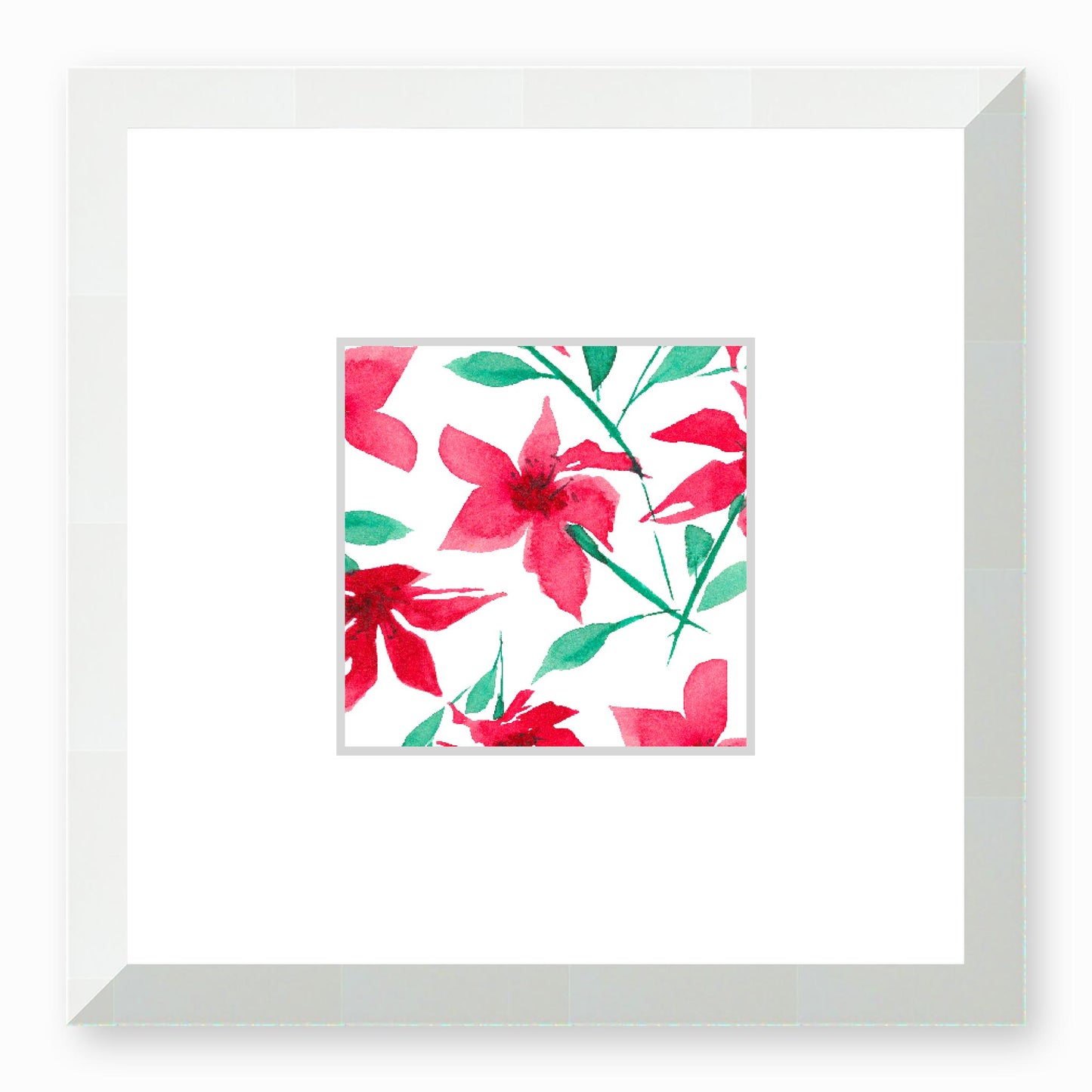 Framed Fine Art Print, Faux Mat - 12x12 inches | Red Floral Watercolour, fms-1330-001, Prints, Fine art, White Frame, 30 x 30 cm ,12 x 12 inches