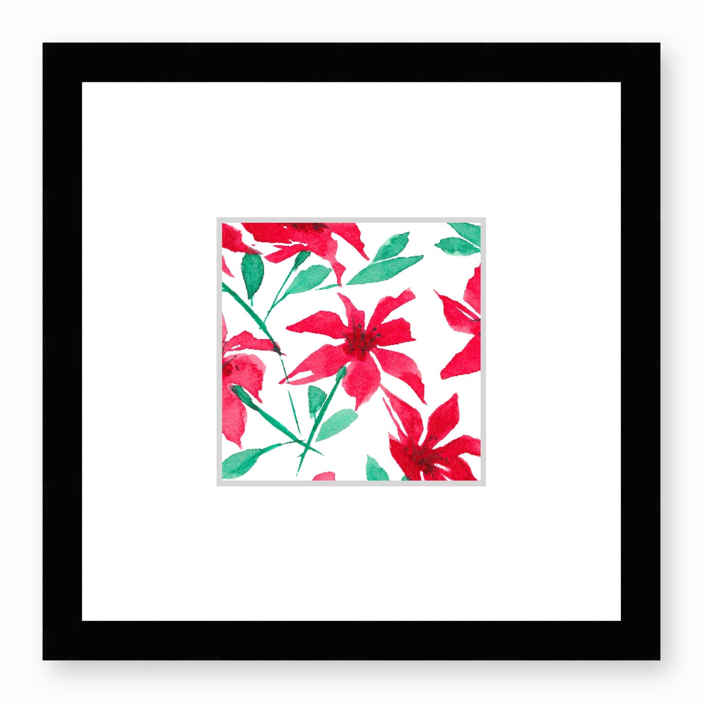 Framed Fine Art Print, Faux Mat - 12x12 inches | Red Floral Watercolour, fms-1330-002, Prints, Fine art, Black Frame, 30 x 30 cm ,12 x 12 inches