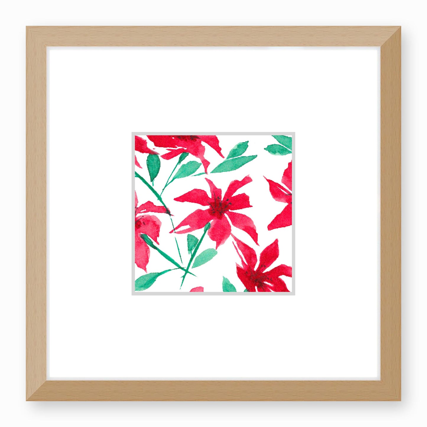 Framed Fine Art Print, Faux Mat - 12x12 inches | Red Floral Watercolour, fms-1330-002, Prints, Fine art, Natural Frame, 30 x 30 cm ,12 x 12 inches