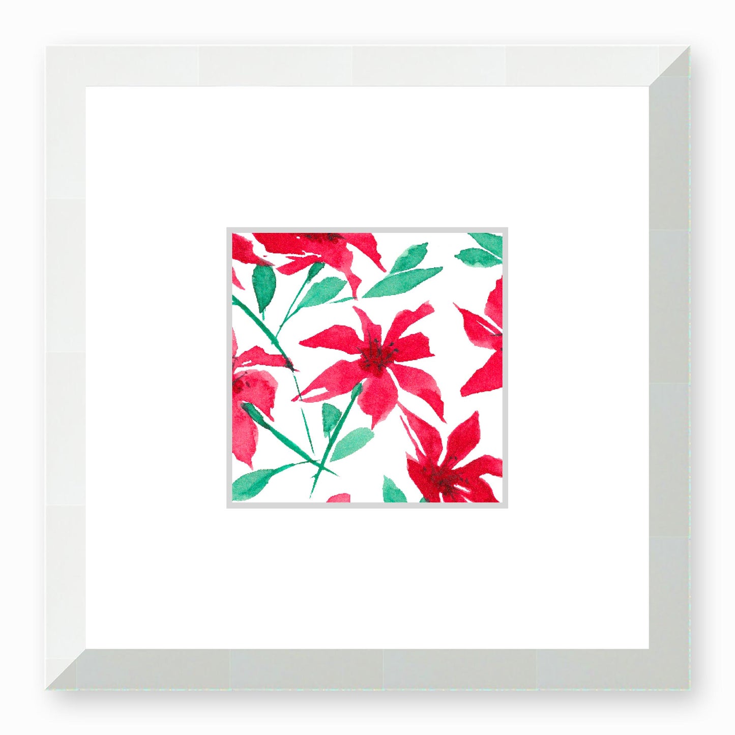 Framed Fine Art Print, Faux Mat - 12x12 inches | Red Floral Watercolour, fms-1330-002, Prints, Fine art, White Frame, 30 x 30 cm ,12 x 12 inches