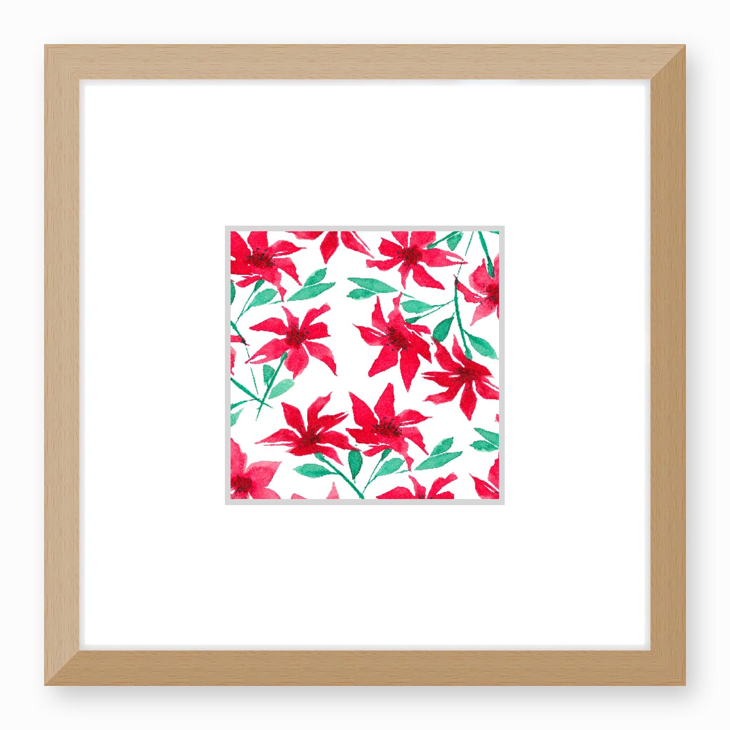 Framed Fine Art Print, Faux Mat - 12x12 inches | Red Floral Watercolour, fms-1330-003, Prints, Fine art, Natural Frame, 30 x 30 cm ,12 x 12 inches