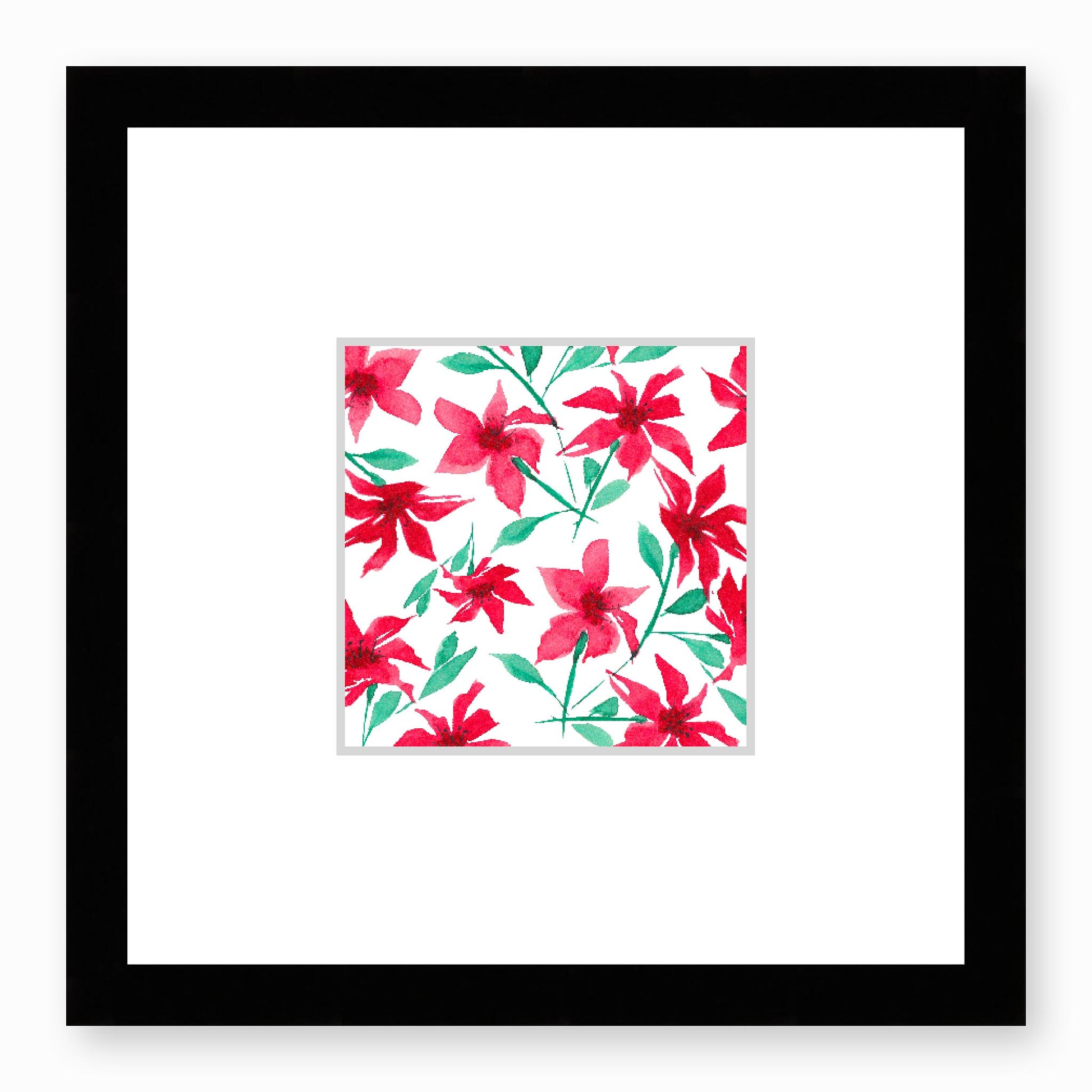 Framed Fine Art Print, Faux Mat - 12x12 inches | Red Floral Watercolour, fms-1330-004, Prints, Fine art, Black Frame, 30 x 30 cm ,12 x 12 inches