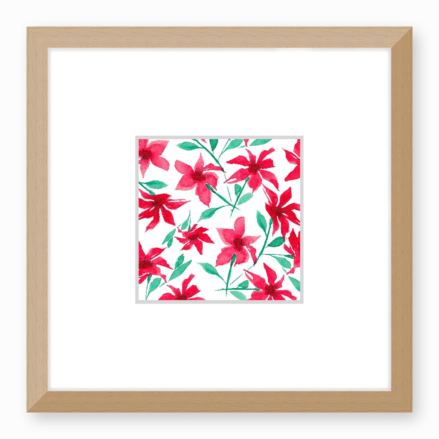 Framed Fine Art Print, Faux Mat - 12x12 inches | Red Floral Watercolour, fms-1330-004, Prints, Fine art, Natural Frame, 30 x 30 cm ,12 x 12 inches