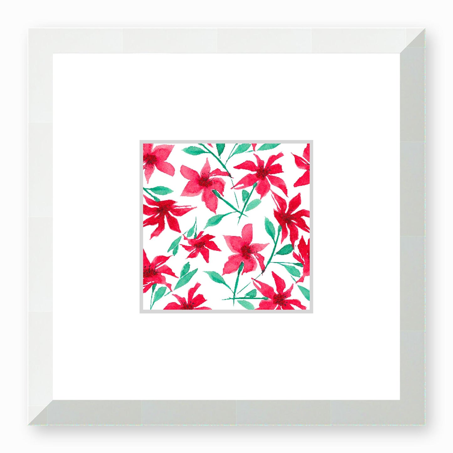 Framed Fine Art Print, Faux Mat - 12x12 inches | Red Floral Watercolour, fms-1330-004, Prints, Fine art, White Frame, 30 x 30 cm ,12 x 12 inches
