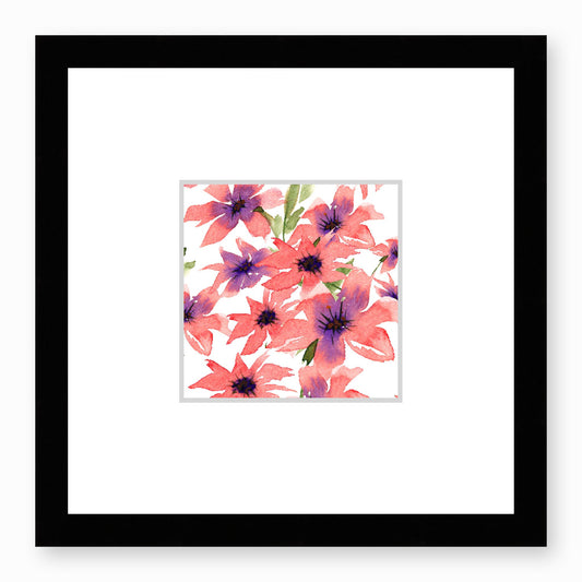 Framed Fine Art Print, Faux Mat - 12x12 inches | Pink Floral Watercolour, fms-1340-001, Prints, Fine art, Black Frame, 30 x 30 cm ,12 x 12 inches