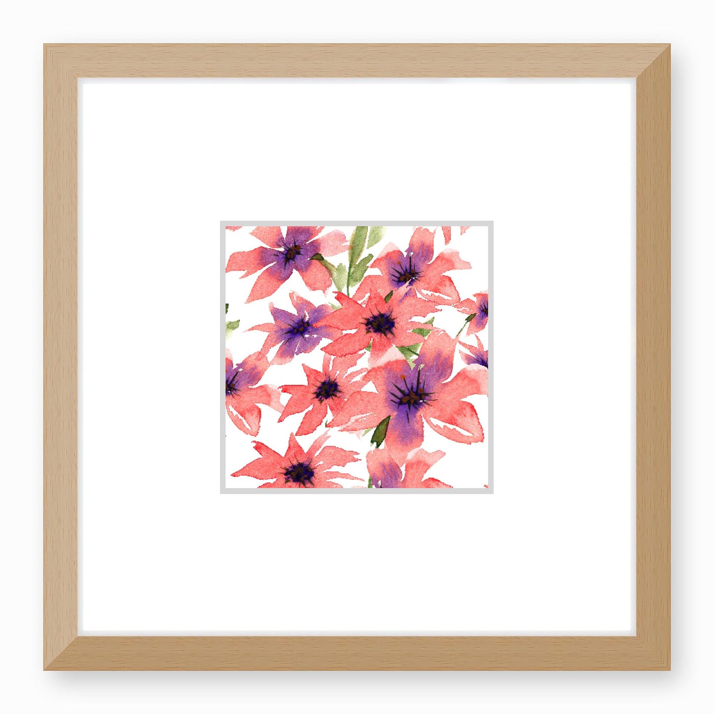 Framed Fine Art Print, Faux Mat - 12x12 inches | Pink Floral Watercolour, fms-1340-001, Prints, Fine art, Natural Frame, 30 x 30 cm ,12 x 12 inches