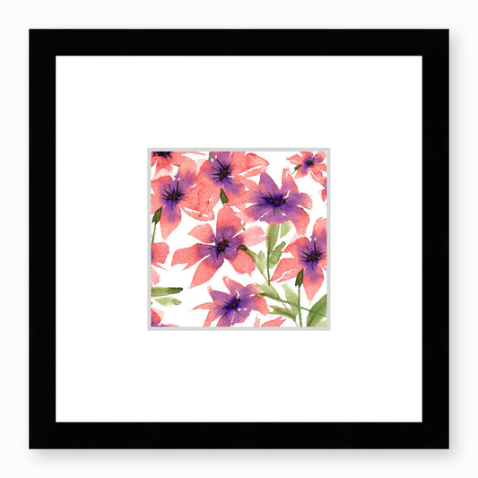 Framed Fine Art Print, Faux Mat - 12x12 inches | Pink Floral Watercolour, fms-1340-002, Prints, Fine art, Black Frame, 30 x 30 cm ,12 x 12 inches