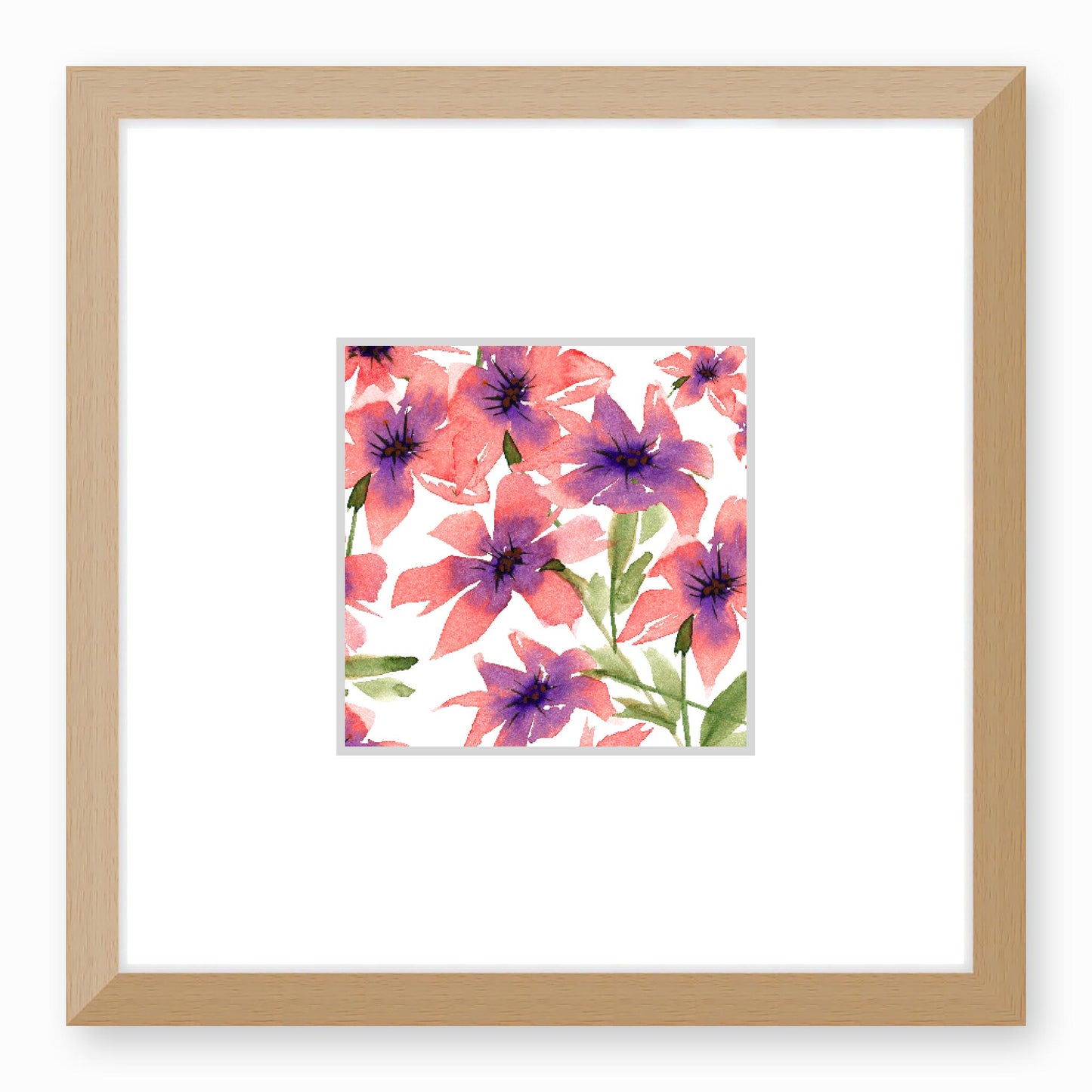 Framed Fine Art Print, Faux Mat - 12x12 inches | Pink Floral Watercolour, fms-1340-002, Prints, Fine art, Natural Frame, 30 x 30 cm ,12 x 12 inches