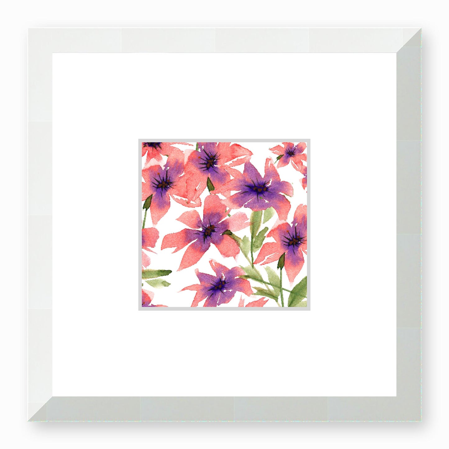 Framed Fine Art Print, Faux Mat - 12x12 inches | Pink Floral Watercolour, fms-1340-002, Prints, Fine art, White Frame, 30 x 30 cm ,12 x 12 inches