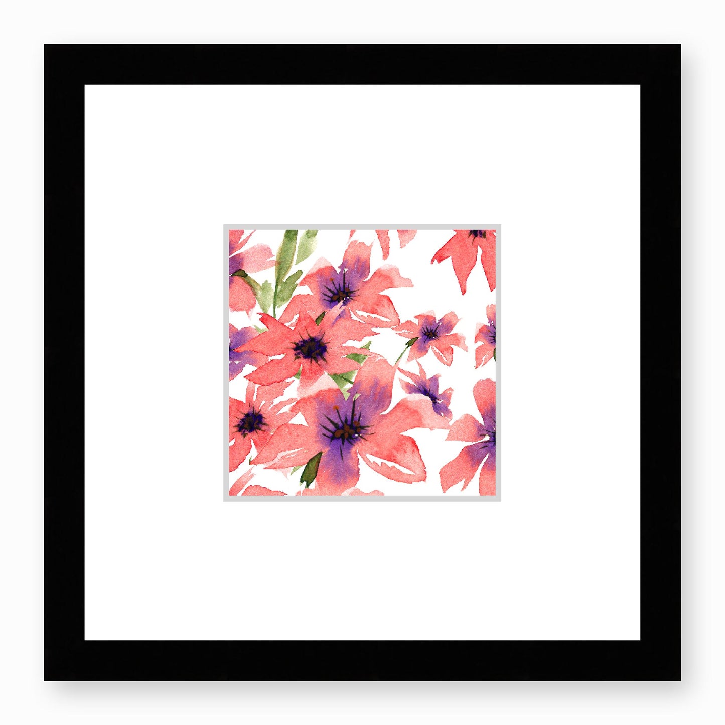 Framed Fine Art Print, Faux Mat - 12x12 inches | Pink Floral Watercolour, fms-1340-003, Prints, Fine art, Black Frame, 30 x 30 cm ,12 x 12 inches