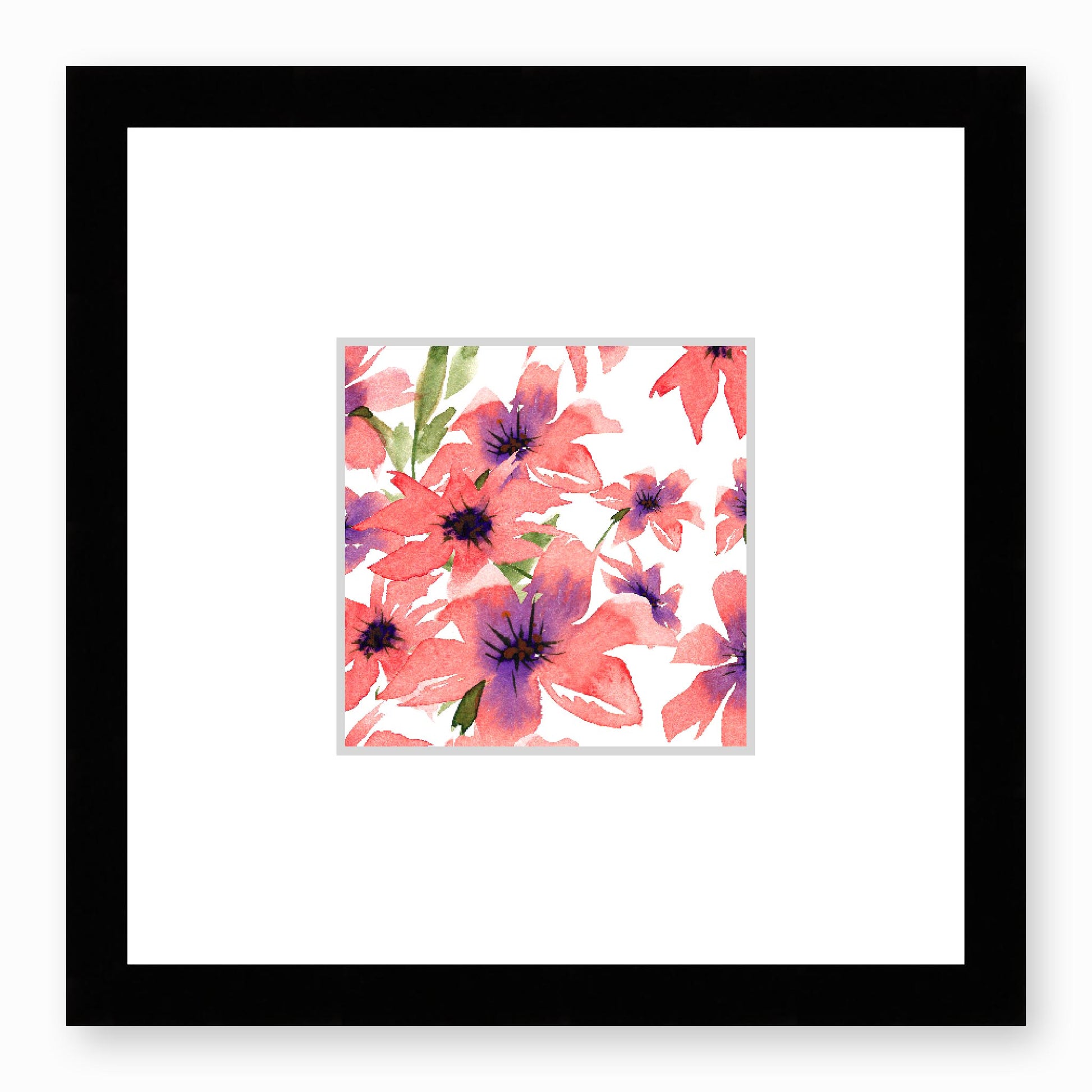 Framed Fine Art Print, Faux Mat - 12x12 inches | Pink Floral Watercolour, fms-1340-003, Prints, Fine art, Black Frame, 30 x 30 cm ,12 x 12 inches