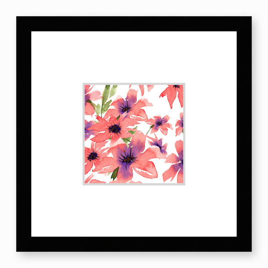 Framed Fine Art Print, Faux Mat - 12x12 inches | Pink Floral Watercolour, fms-1340-003, Prints, Fine art, Black Frame, 30 x 30 cm ,12 x 12 inches